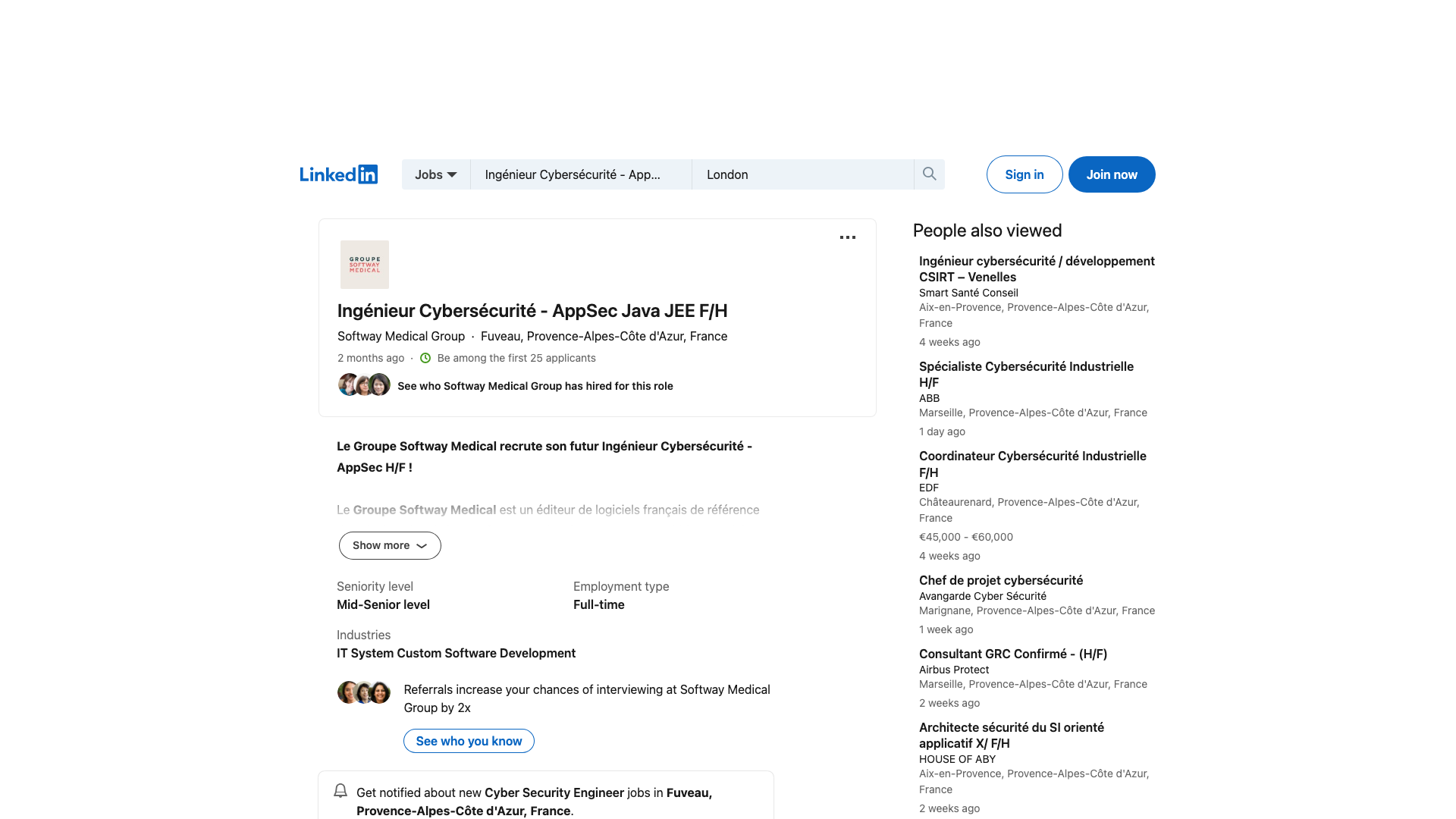 Screenshot of the Softway Medical Group Ingénieur Cybersécurité - AppSec Java JEE F/H job posting, captured 2026-10-22