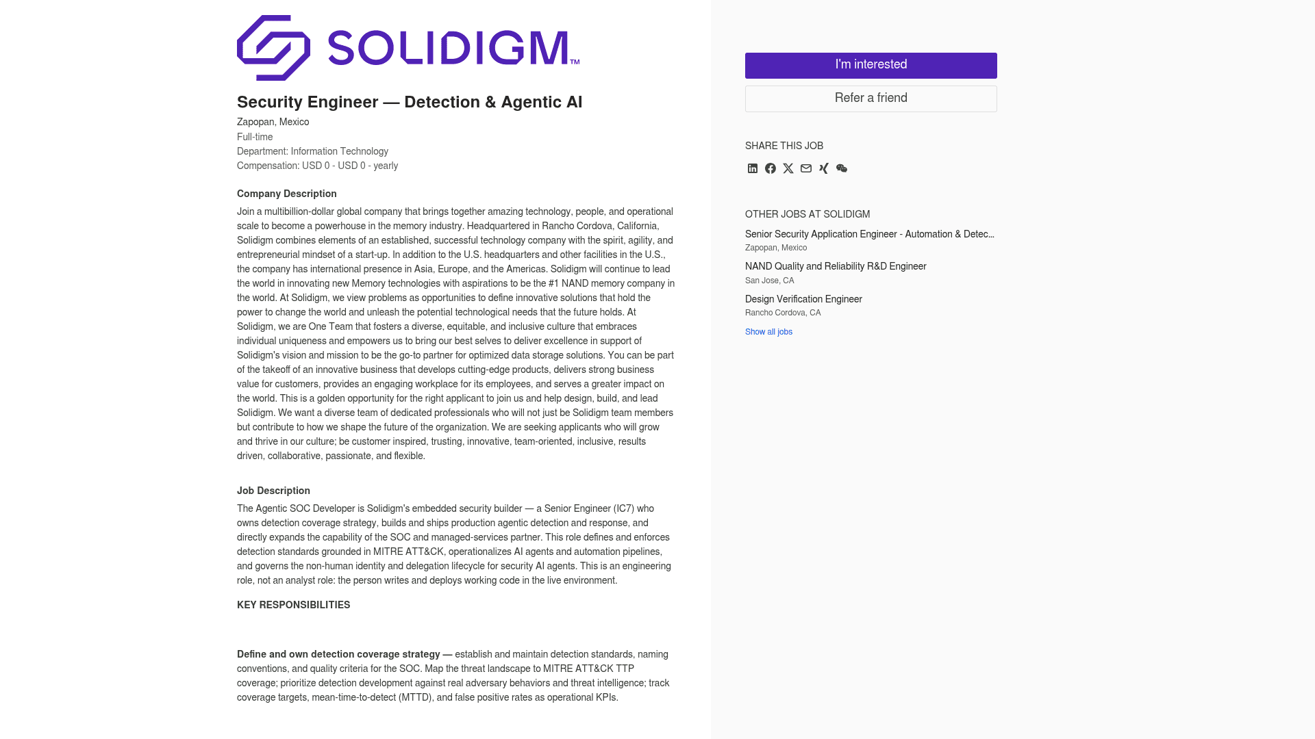 Screenshot of the Solidigm Security Engineer - Detection & Agentic AI job posting, captured 2026-08-27