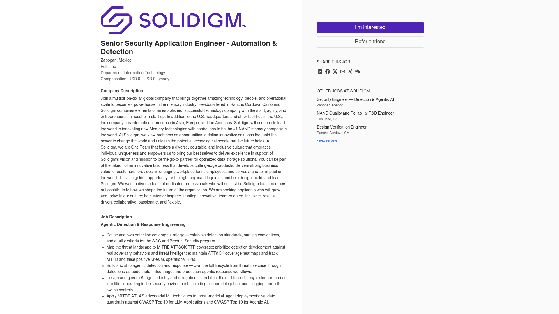 Screenshot of the Solidigm Senior Security Application Engineer - Automation & Detection job posting, captured 2026-08-27