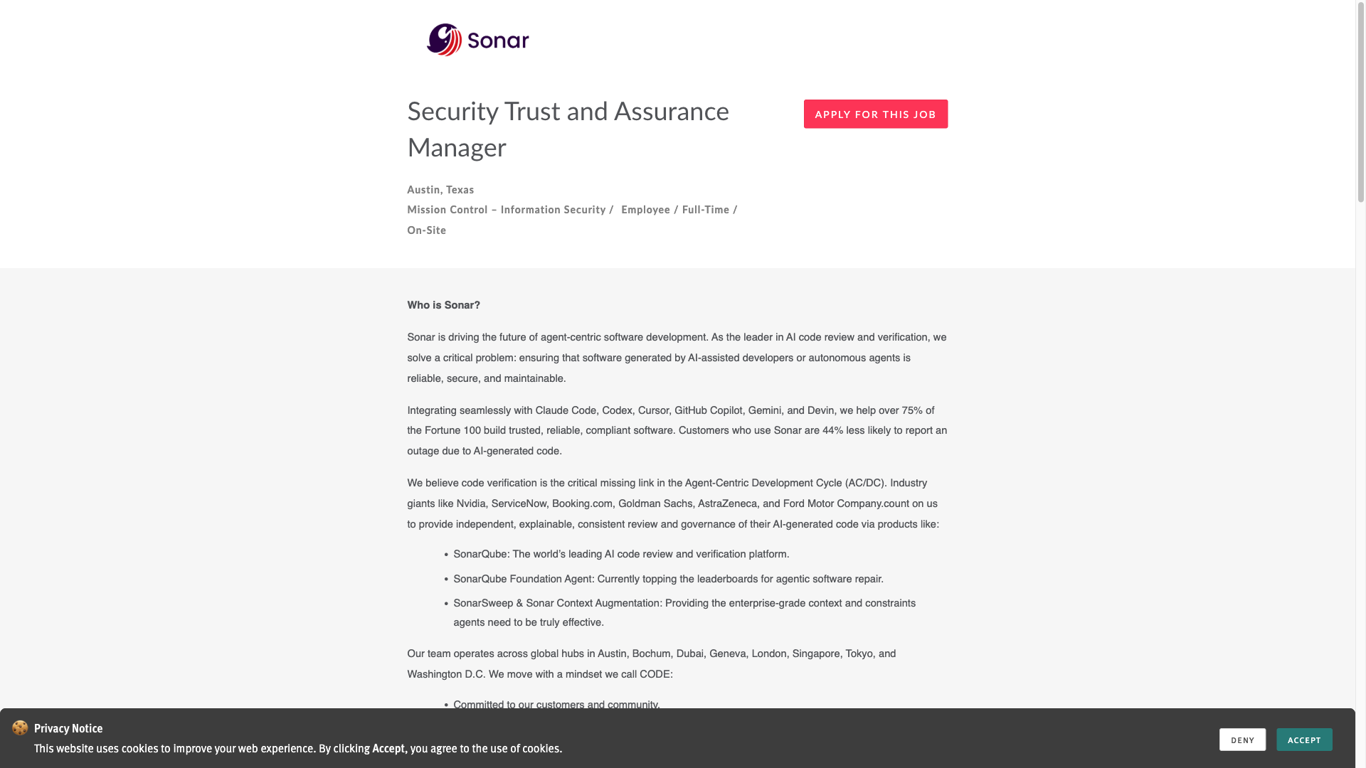 Screenshot of the Sonar Security Trust and Assurance Manager job posting, captured 2026-10-08
