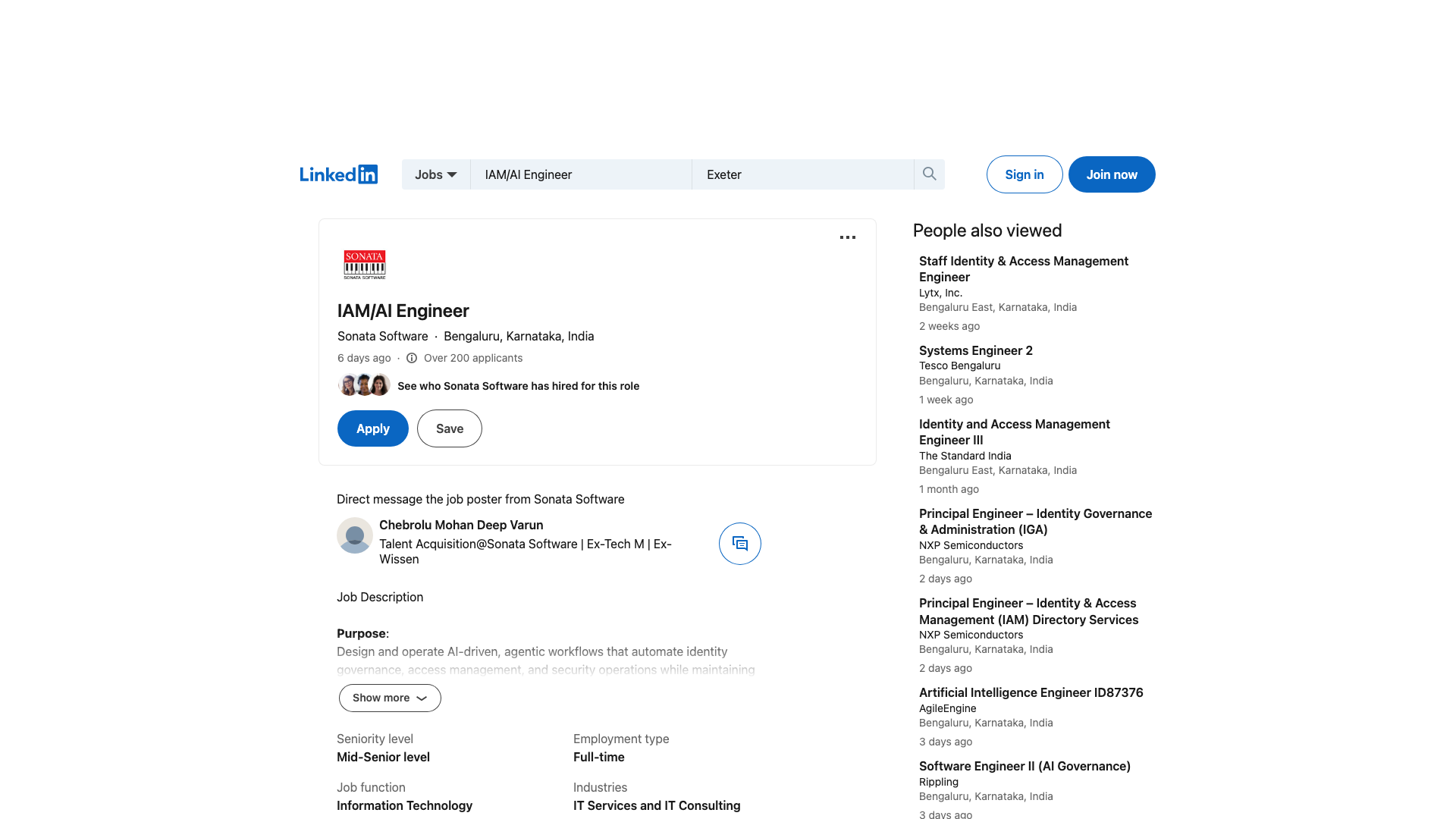 Screenshot of the Sonata Software IAM/AI Engineer job posting, captured 2026-09-05