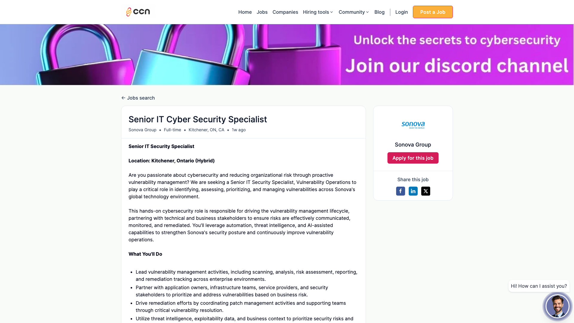 Screenshot of the Sonova Senior IT Cyber Security Specialist job posting, captured 2026-09-05