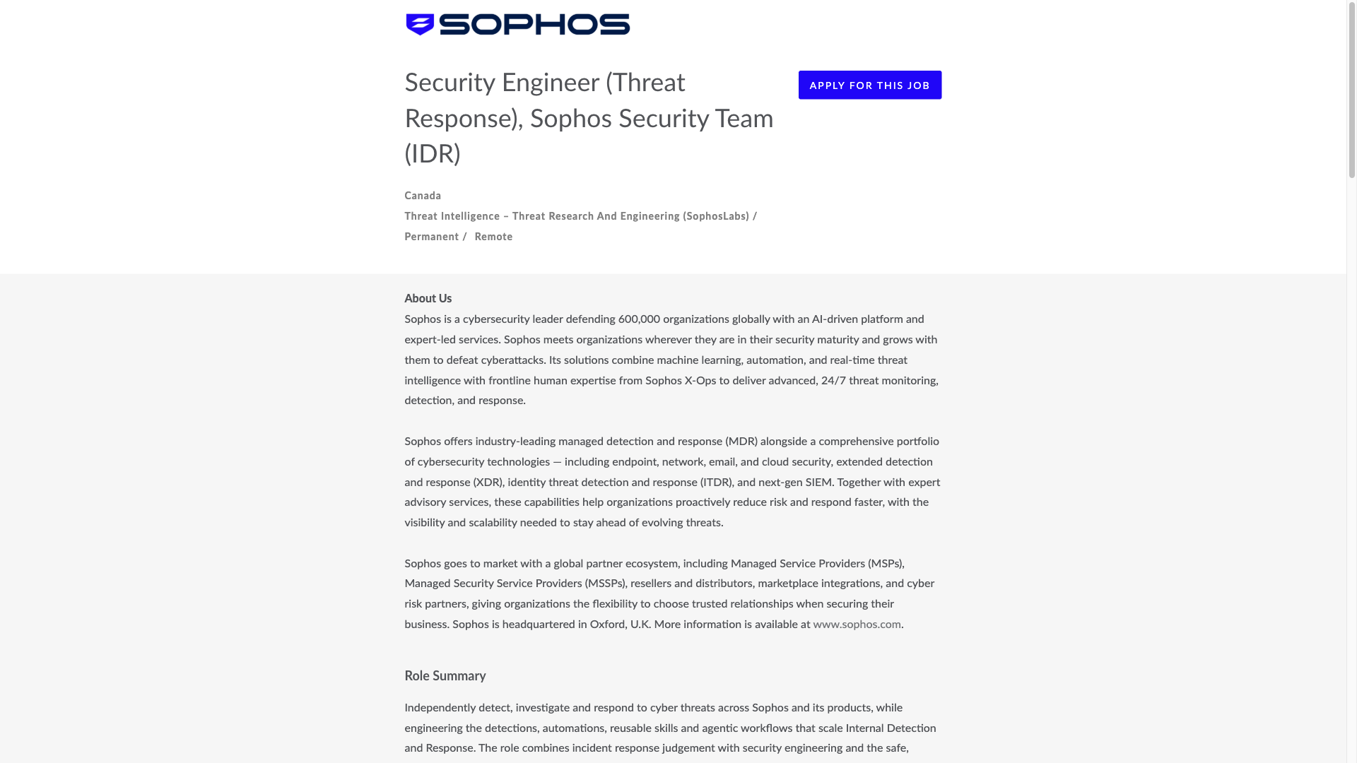 Screenshot of the Sophos Security Engineer (Threat Response), Sophos Security Team (IDR) job posting, captured 2026-10-08