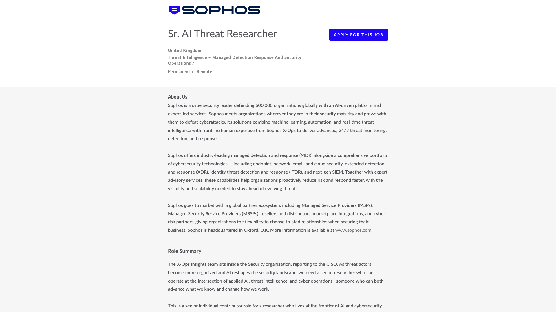 Screenshot of the Sophos Sr. AI Threat Researcher job posting, captured 2026-09-05
