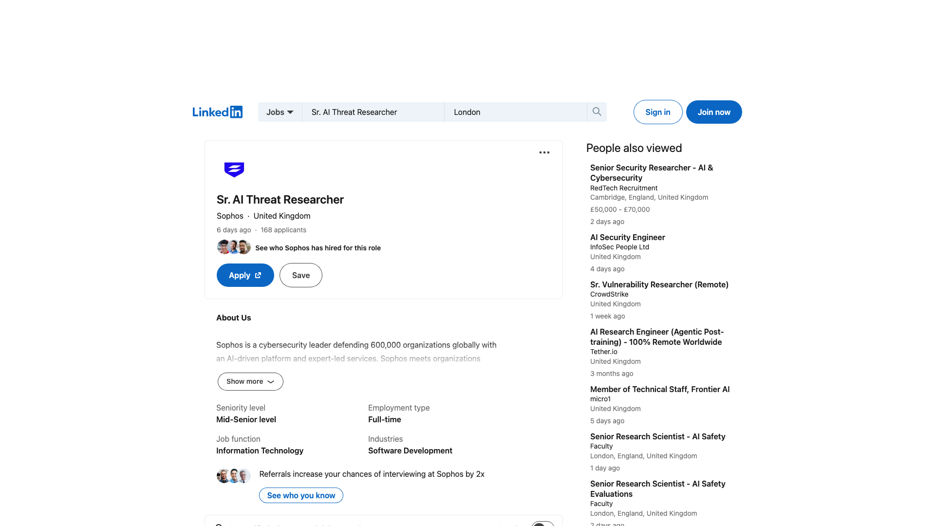 Screenshot of the Sophos Sr. AI Threat Researcher job posting, captured 2026-09-05