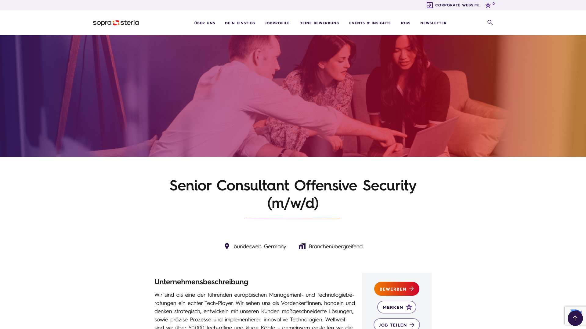 Screenshot of the Sopra Steria Senior Consultant Offensive Security (m/w/d) job posting, captured 2026-09-05