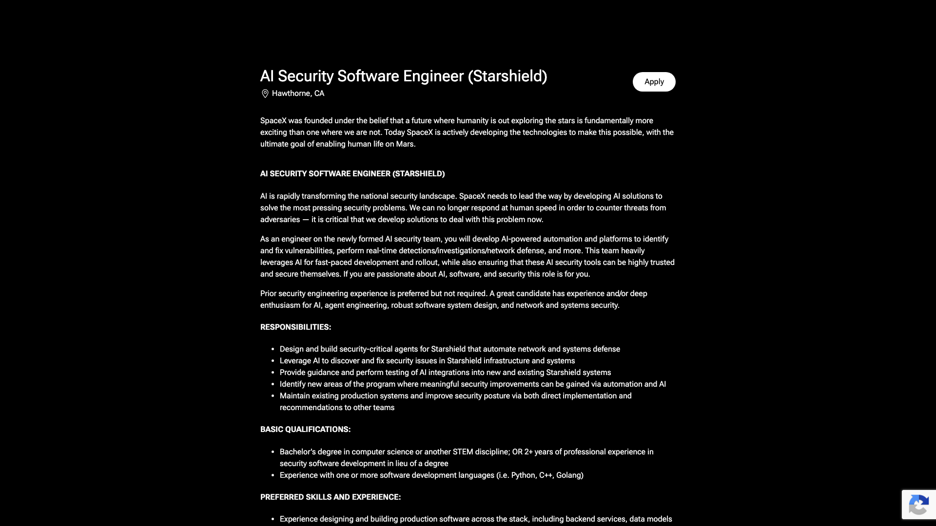Screenshot of the SpaceX AI Security Software Engineer (Starshield) job posting, captured 2026-10-25