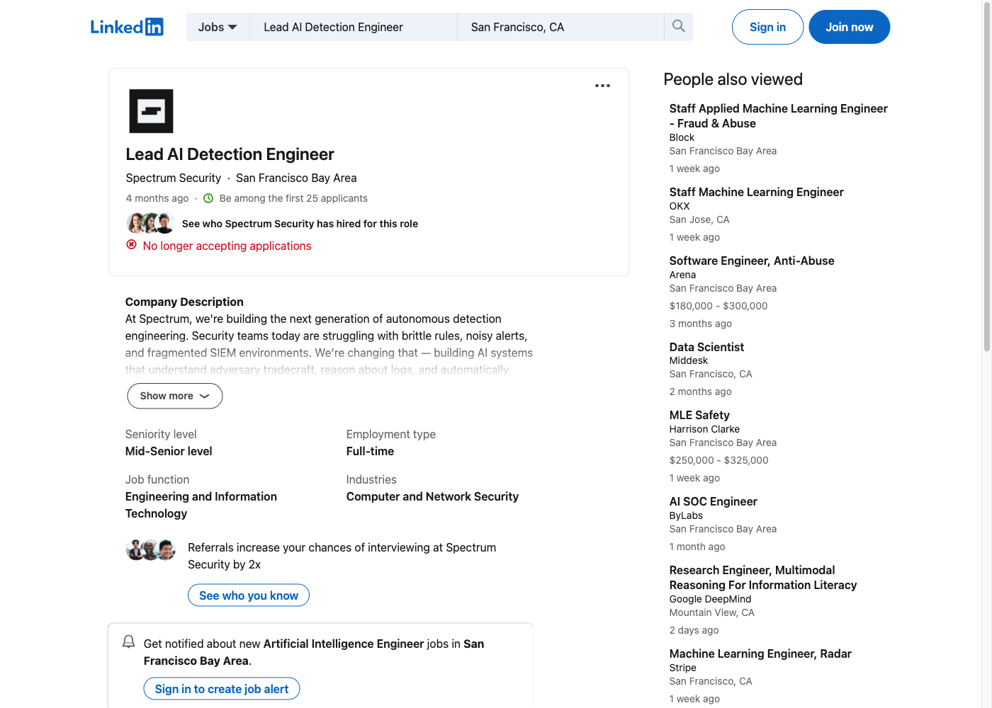 Screenshot of the Spectrum Security Lead AI Detection Engineer job posting, captured 2026-07-26