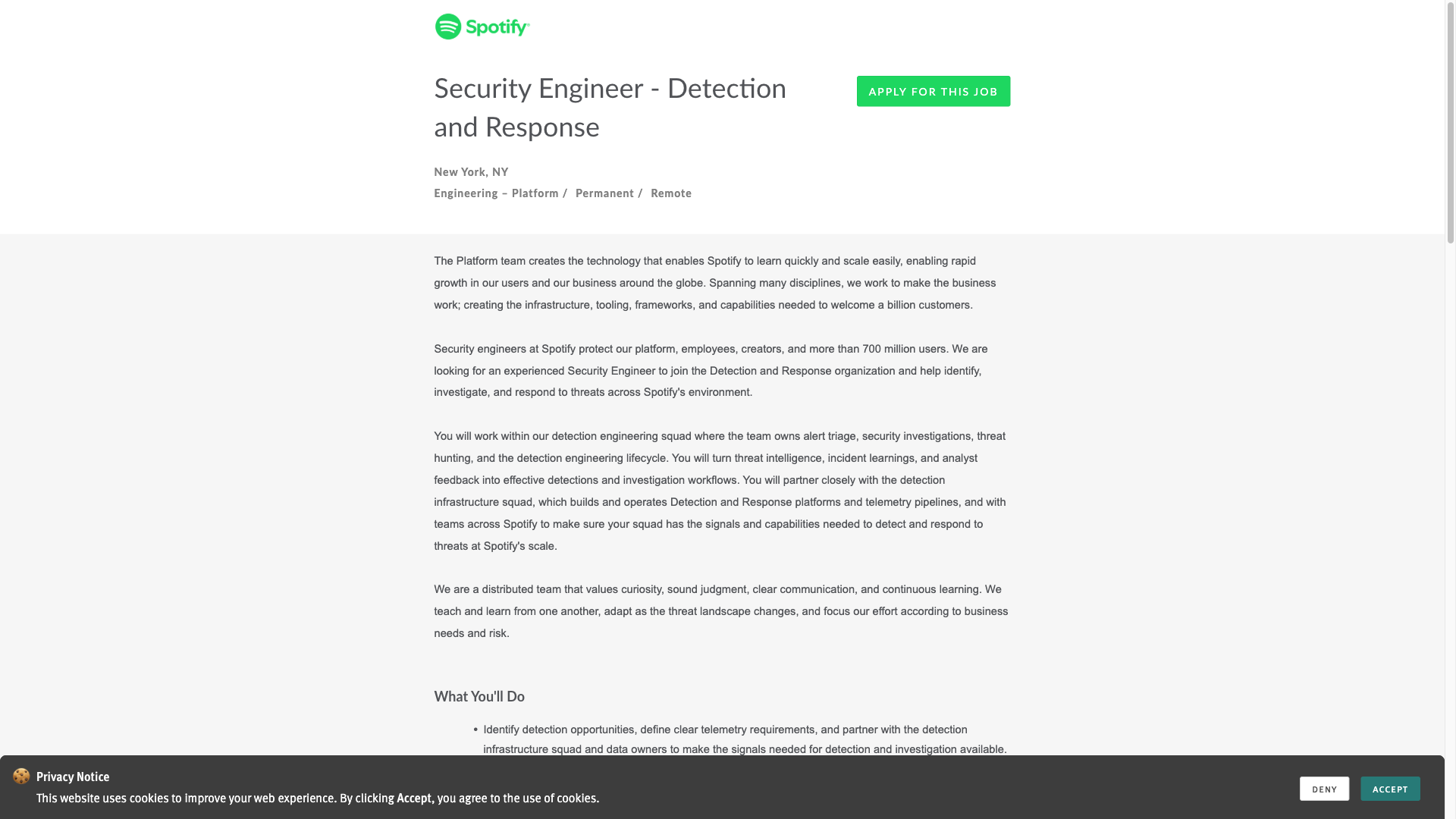 Screenshot of the Spotify Security Engineer - Detection and Response job posting, captured 2026-10-01