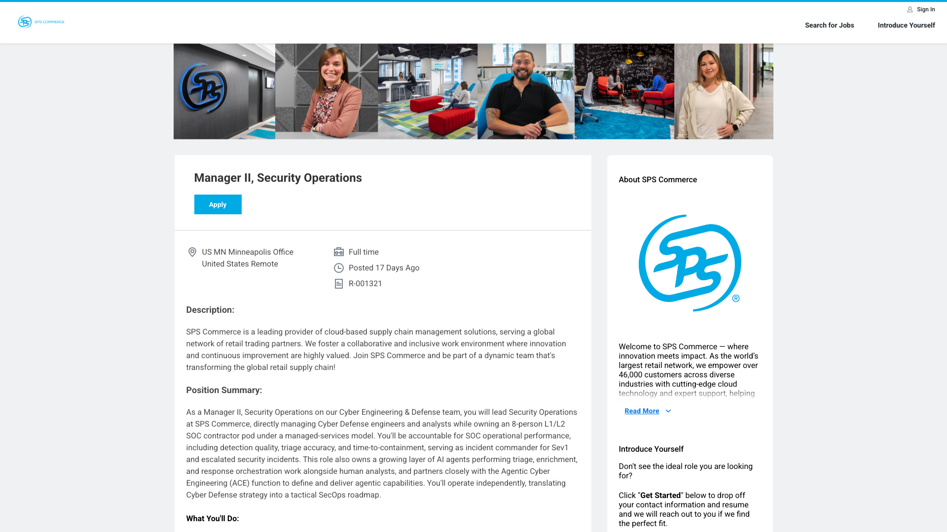 Screenshot of the SPS Commerce Manager II, Security Operations job posting, captured 2026-10-25