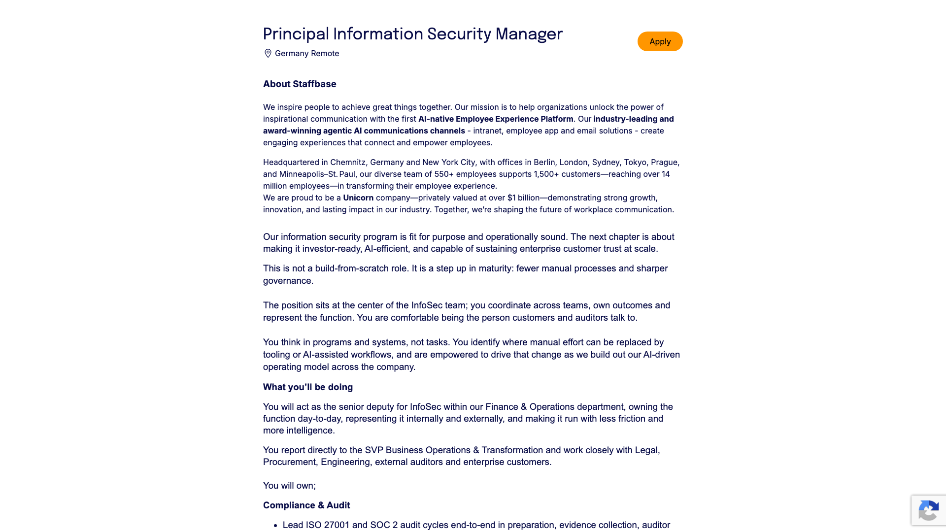 Screenshot of the Staffbase Principal Information Security Manager job posting, captured 2026-09-05