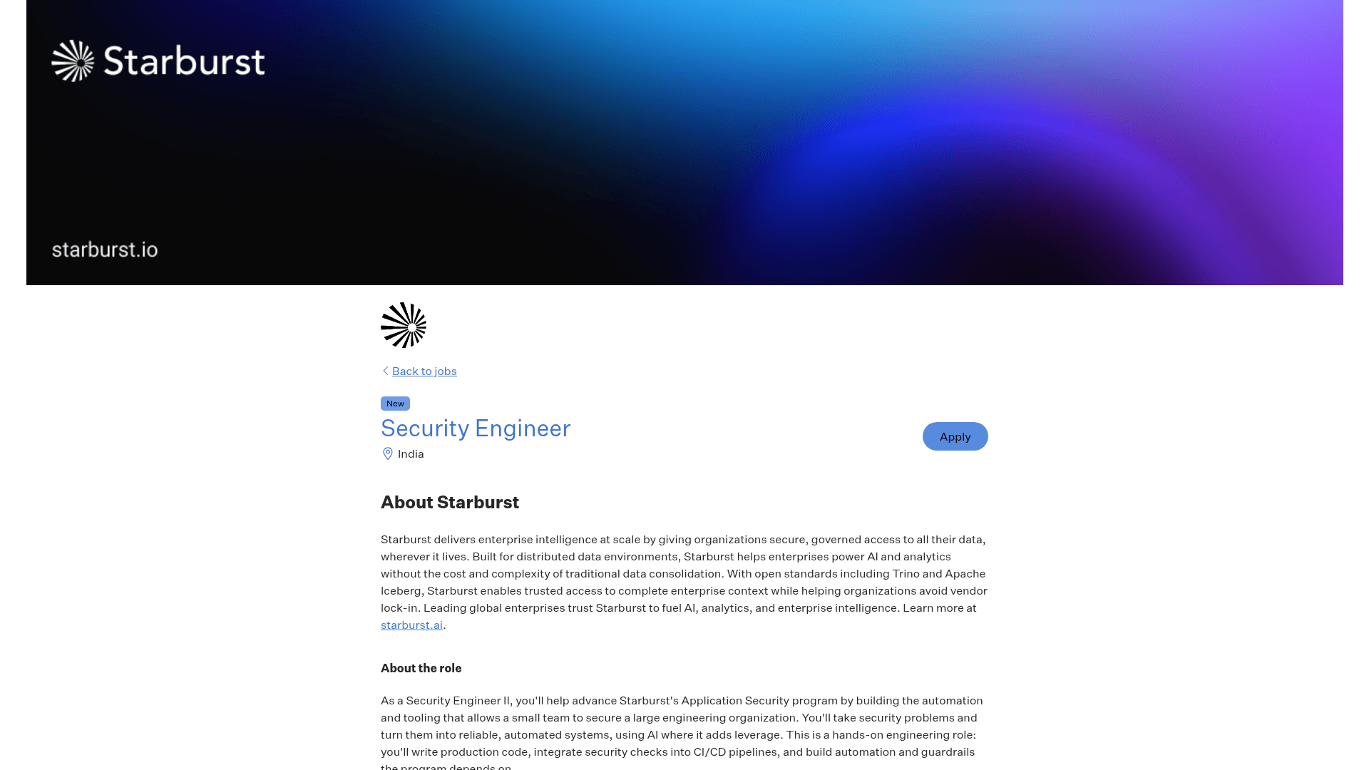Screenshot of the Starburst Security Engineer job posting, captured 2026-08-31