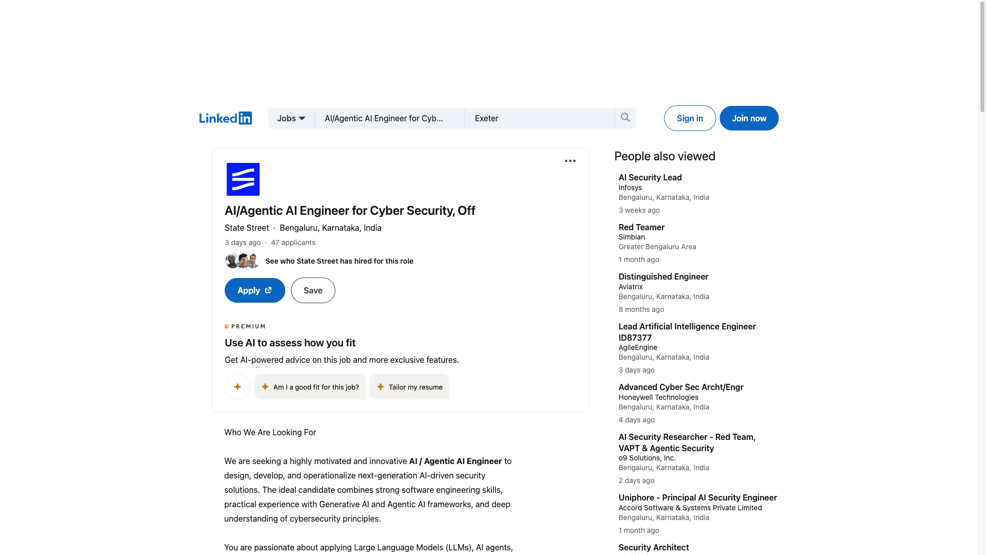 Screenshot of the State Street AI/Agentic AI Engineer for Cyber Security job posting, captured 2026-09-05