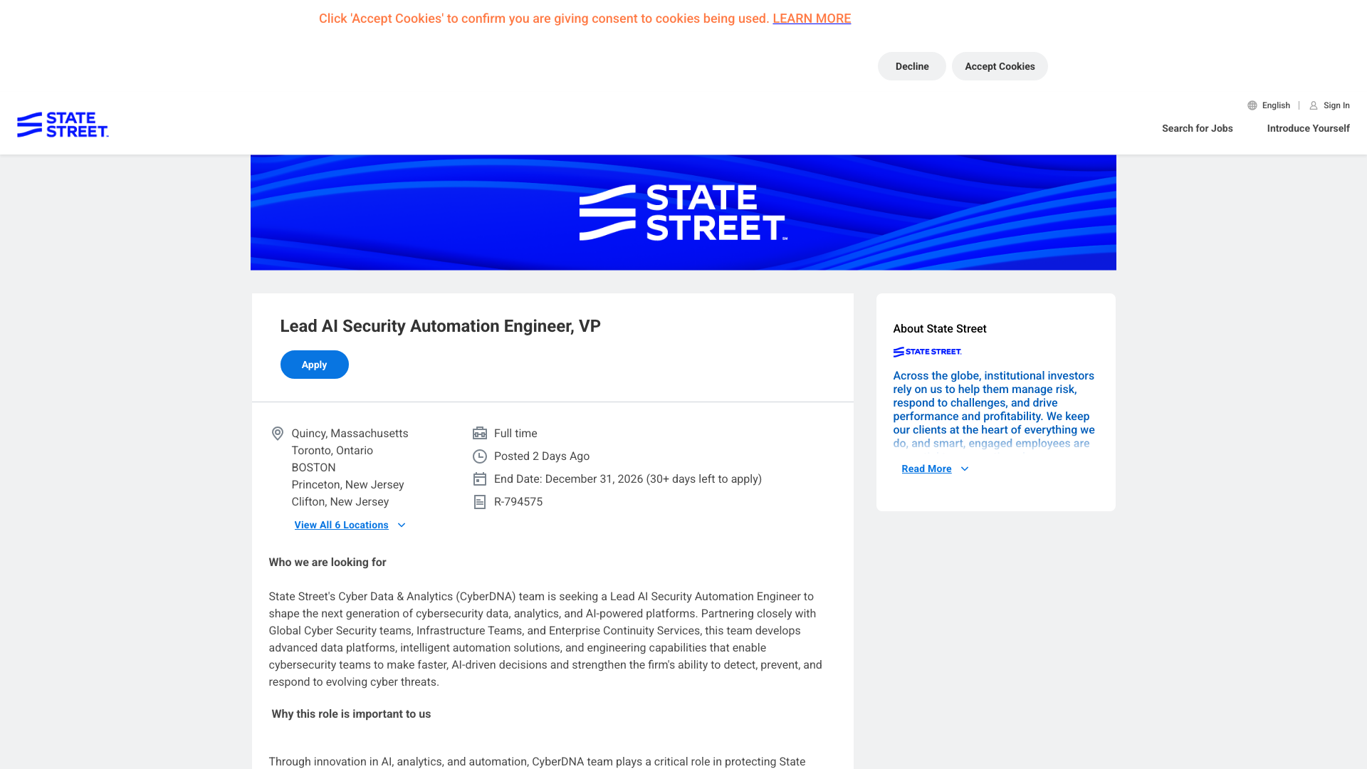 Screenshot of the State Street Lead AI Security Automation Engineer, VP job posting, captured 2026-10-25