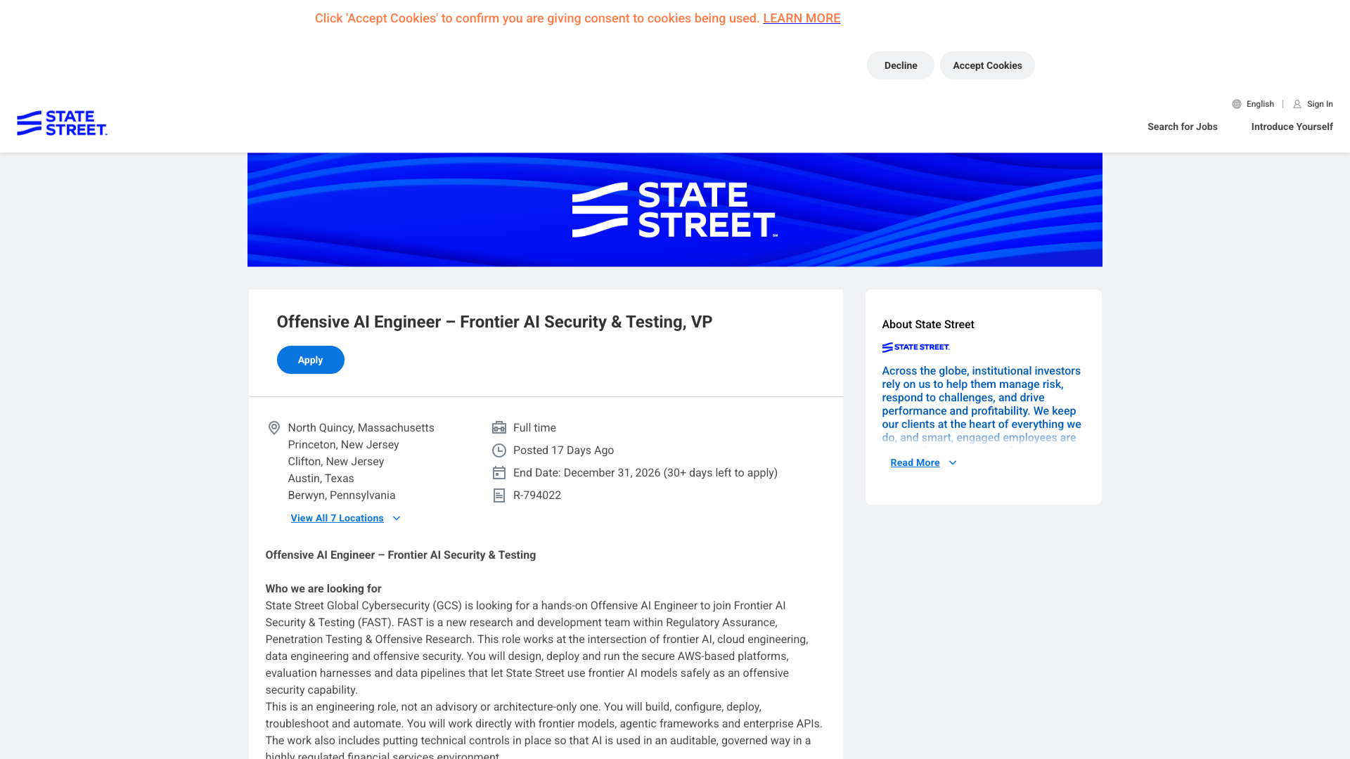 Screenshot of the State Street Offensive AI Engineer – Frontier AI Security & Testing, VP job posting, captured 2026-10-25