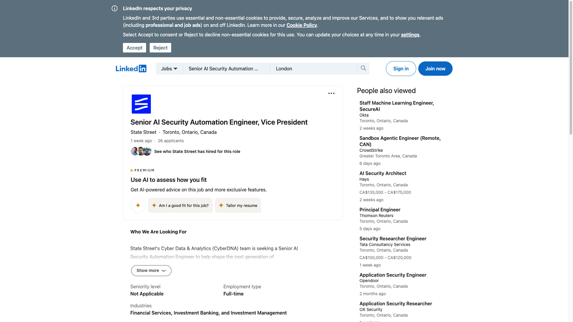 Screenshot of the State Street Senior AI Security Automation Engineer, Vice President job posting, captured 2026-10-01