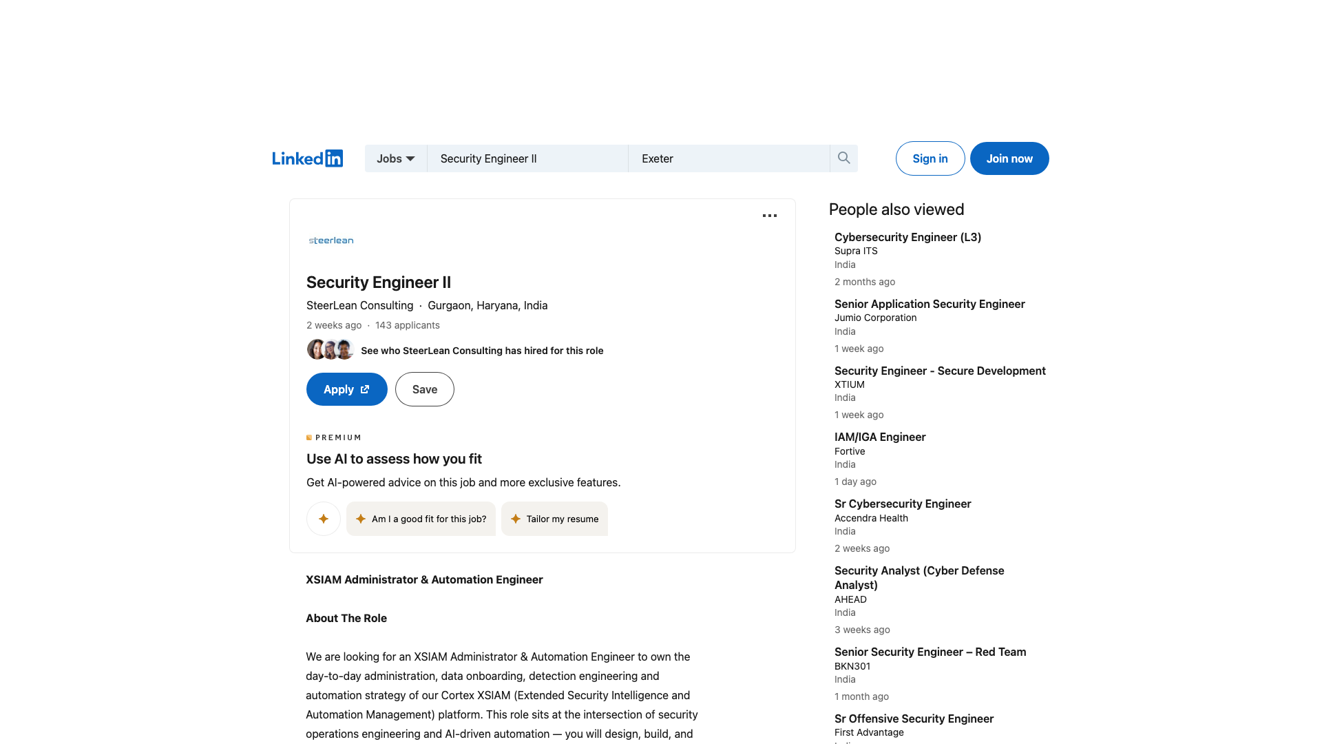 Screenshot of the SteerLean Consulting Security Engineer II (XSIAM Administrator & Automation Engineer) job posting, captured 2026-09-05
