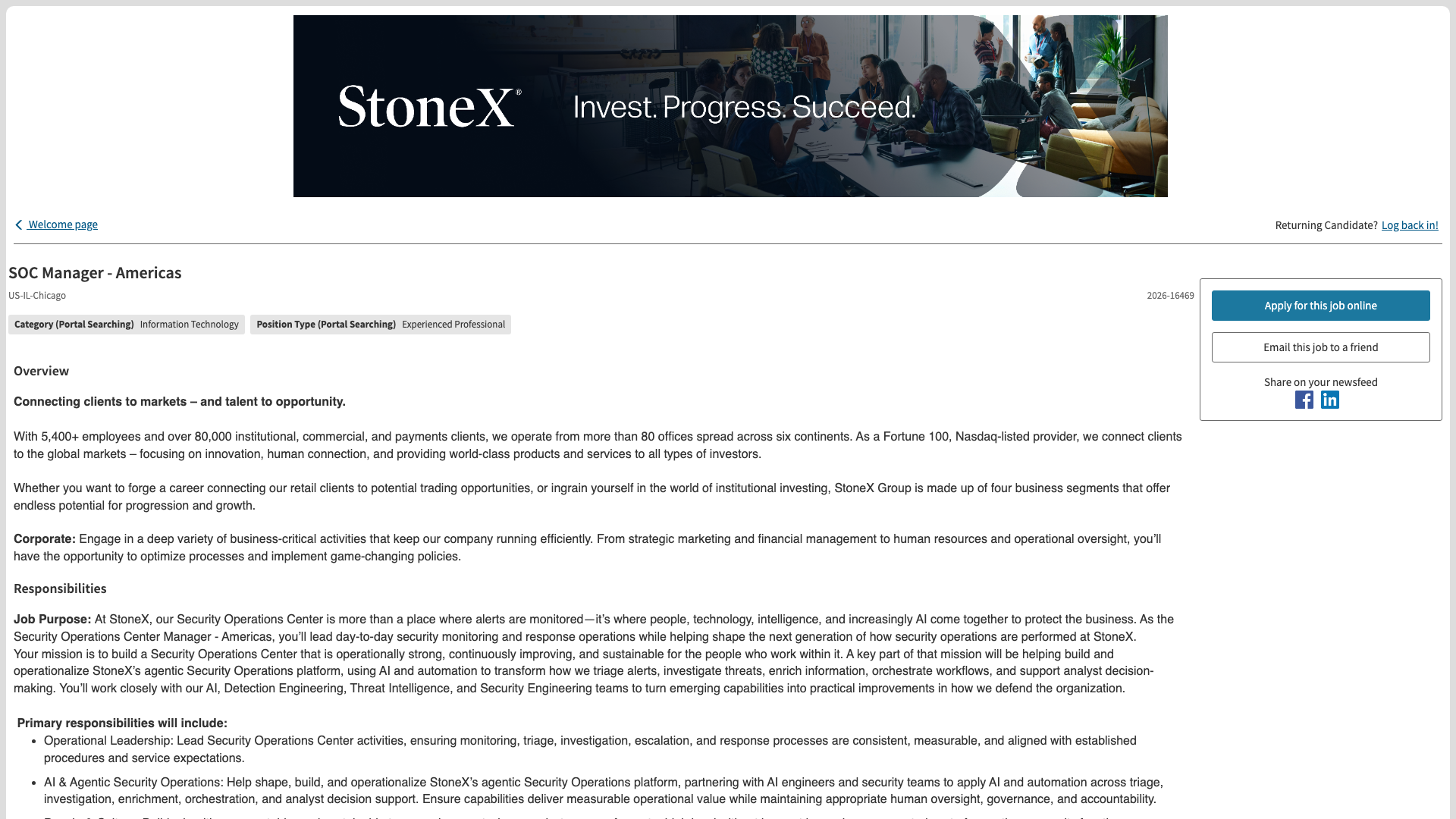 Screenshot of the StoneX SOC Manager - Americas job posting, captured 2026-10-22