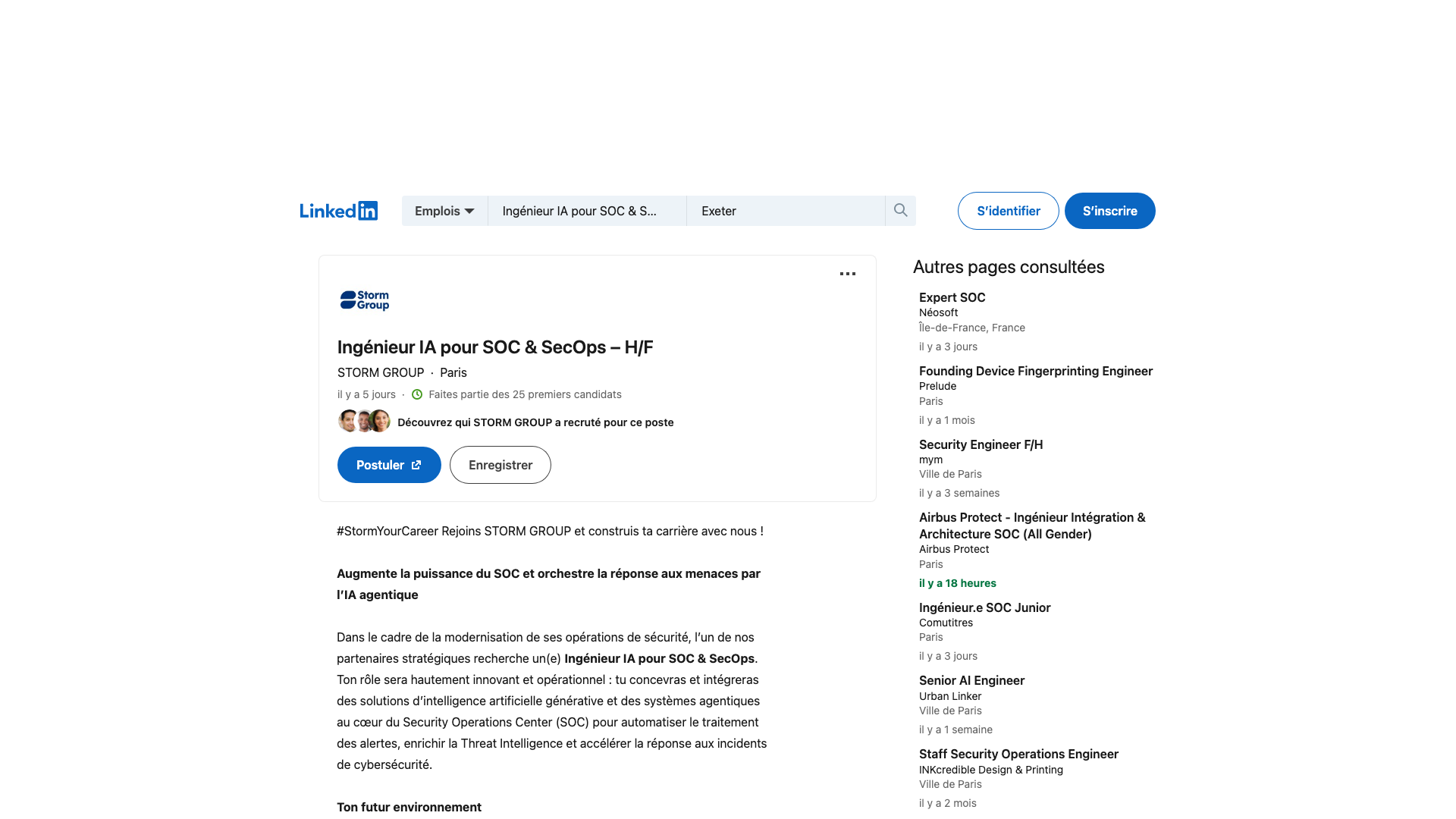 Screenshot of the STORM GROUP Ingénieur IA pour SOC & SecOps – H/F job posting, captured 2026-09-05