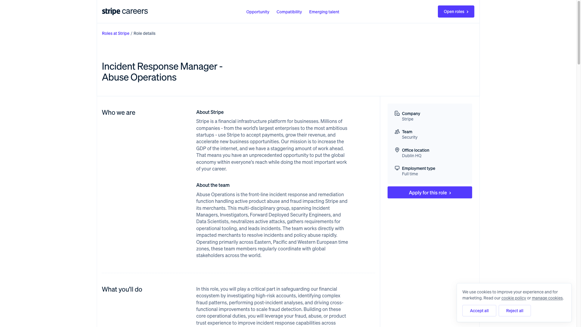 Screenshot of the Stripe Incident Response Manager - Abuse Operations job posting, captured 2026-09-23
