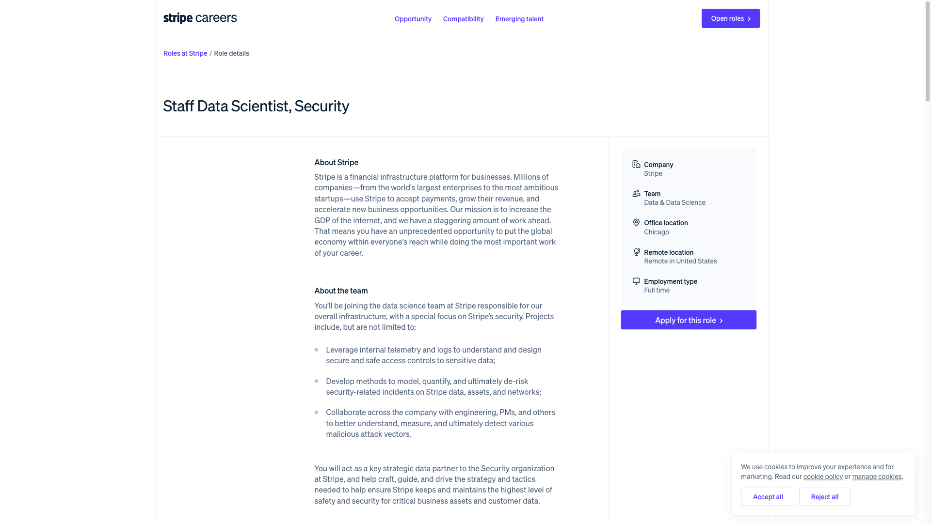 Screenshot of the Stripe Staff Data Scientist, Security job posting, captured 2026-09-23