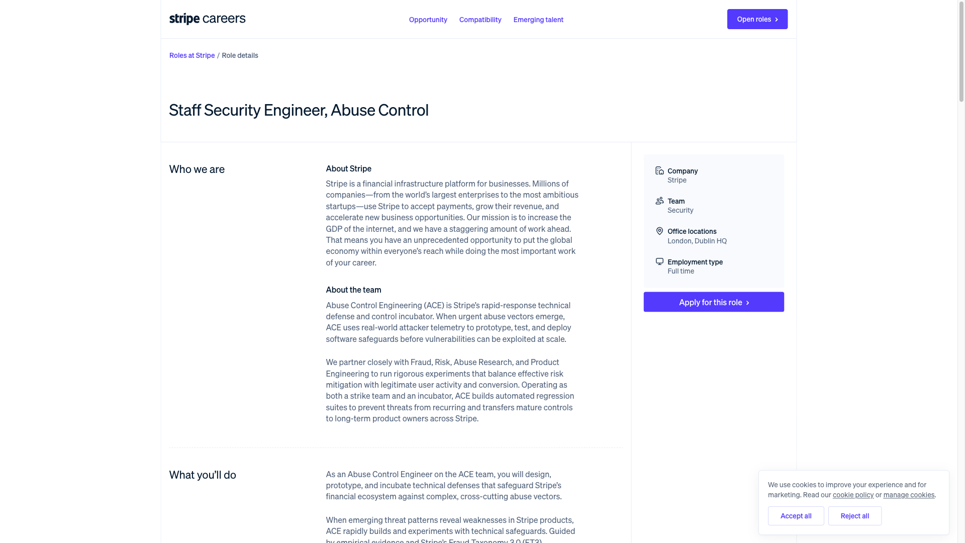 Screenshot of the Stripe Staff Security Engineer, Abuse Control job posting, captured 2026-09-23