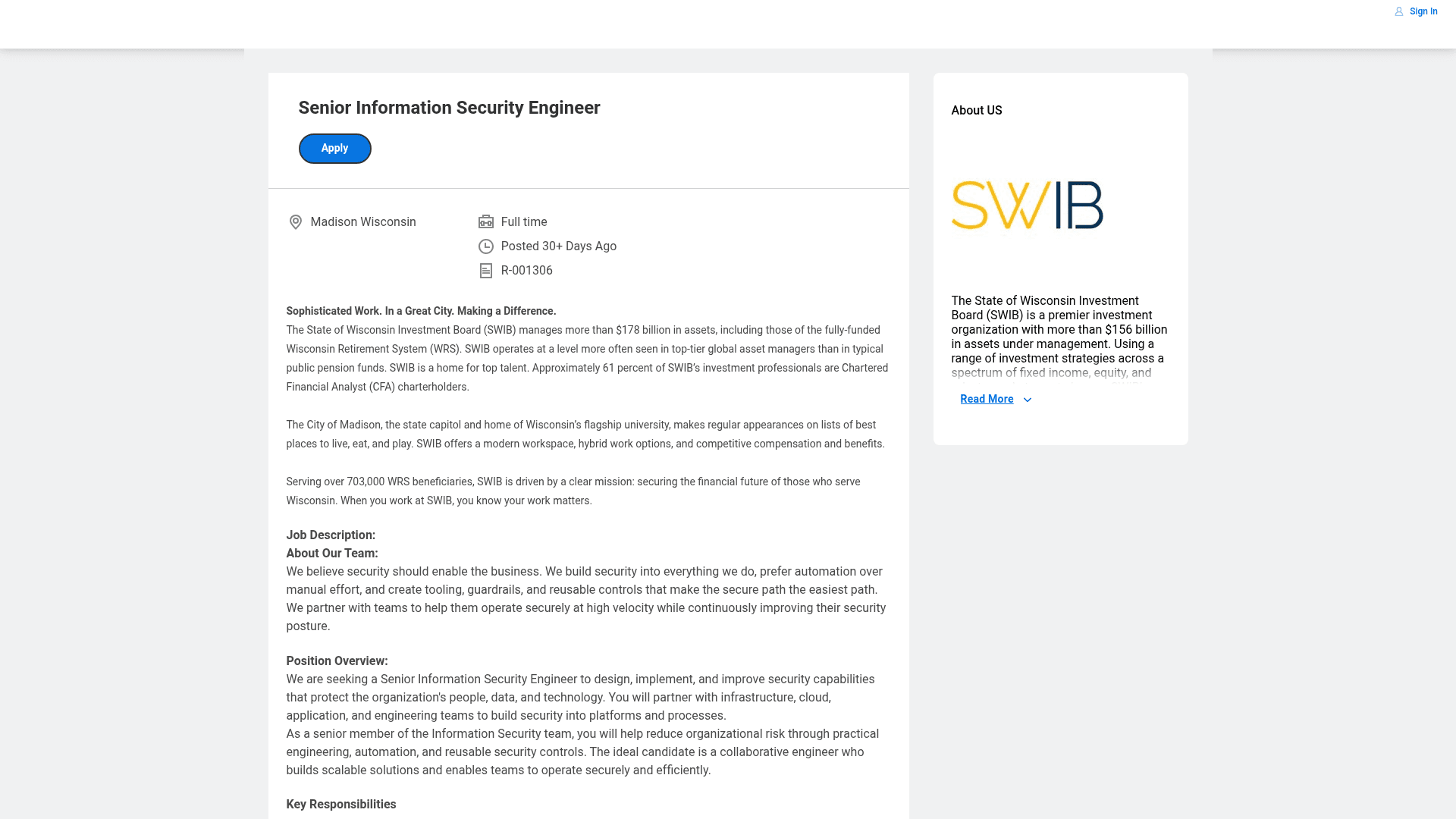 Screenshot of the SWIB (State of Wisconsin Investment Board) Senior Information Security Engineer (IAM) job posting, captured 2026-08-31