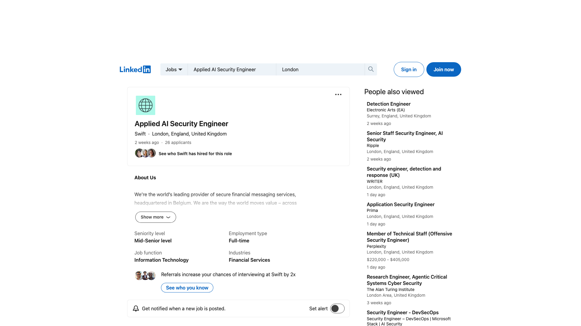 Screenshot of the SWIFT Applied AI Security Engineer job posting, captured 2026-09-05