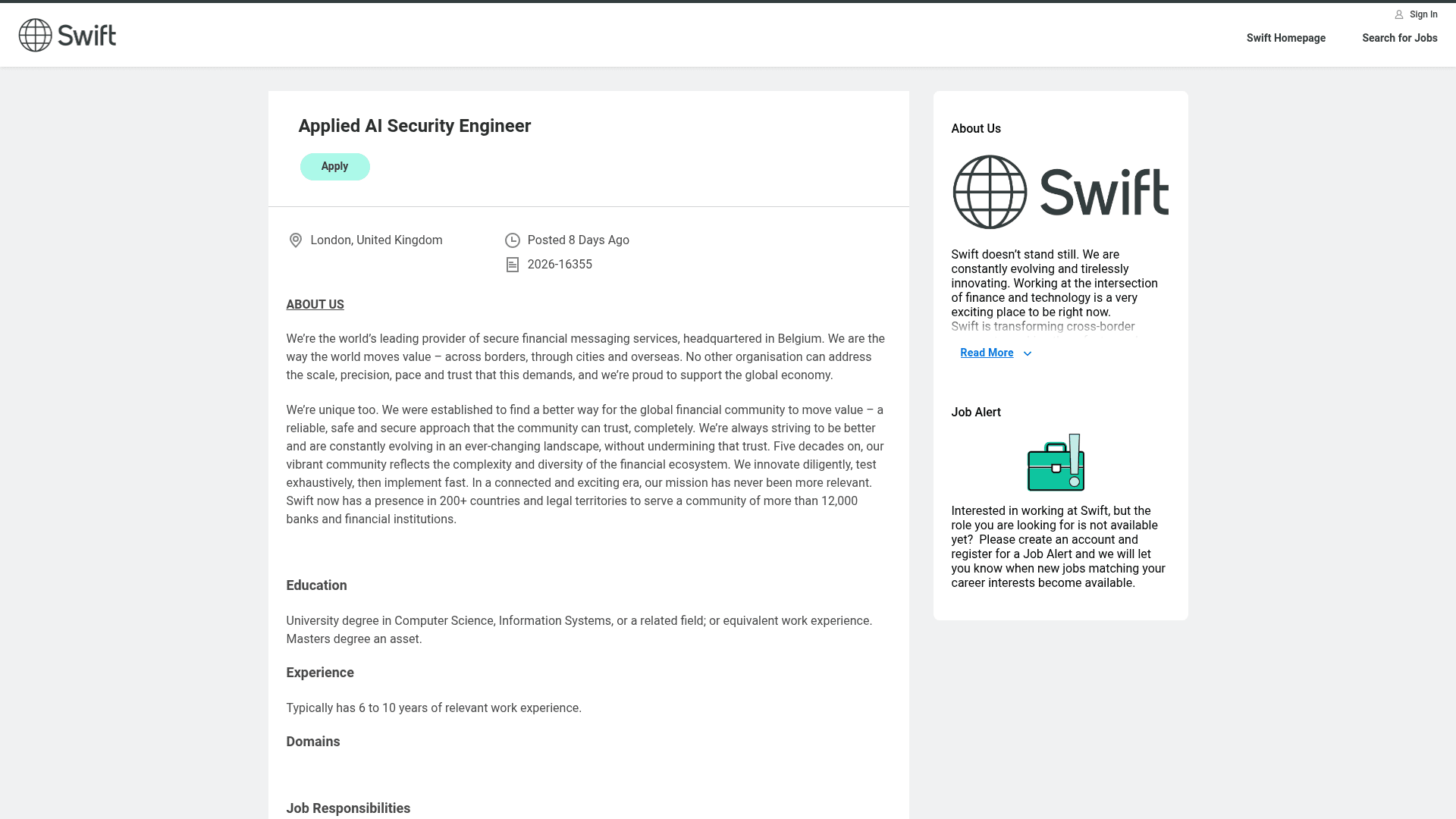 Screenshot of the SWIFT Applied AI Security Engineer job posting, captured 2026-08-27