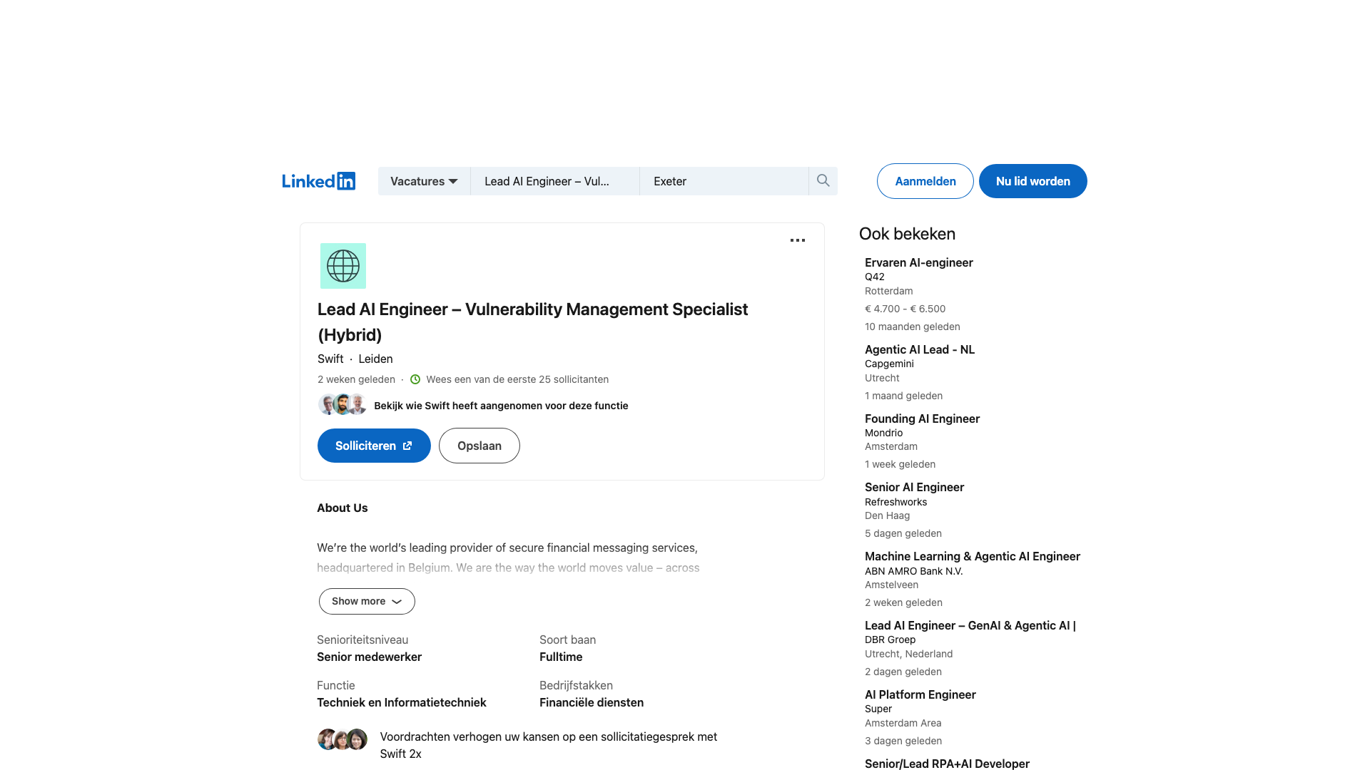 Screenshot of the Swift Lead AI Engineer - Vulnerability Management Specialist (Hybrid) job posting, captured 2026-09-05