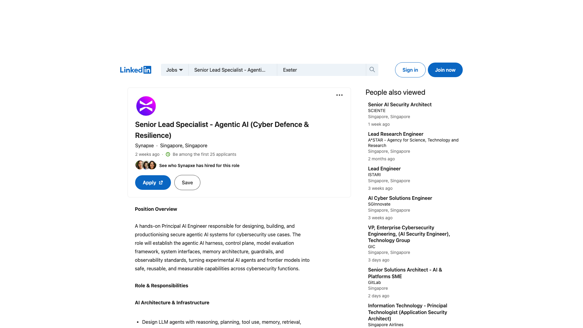Screenshot of the Synapxe Senior Lead Specialist - Agentic AI (Cyber Defence & Resilience) job posting, captured 2026-09-05