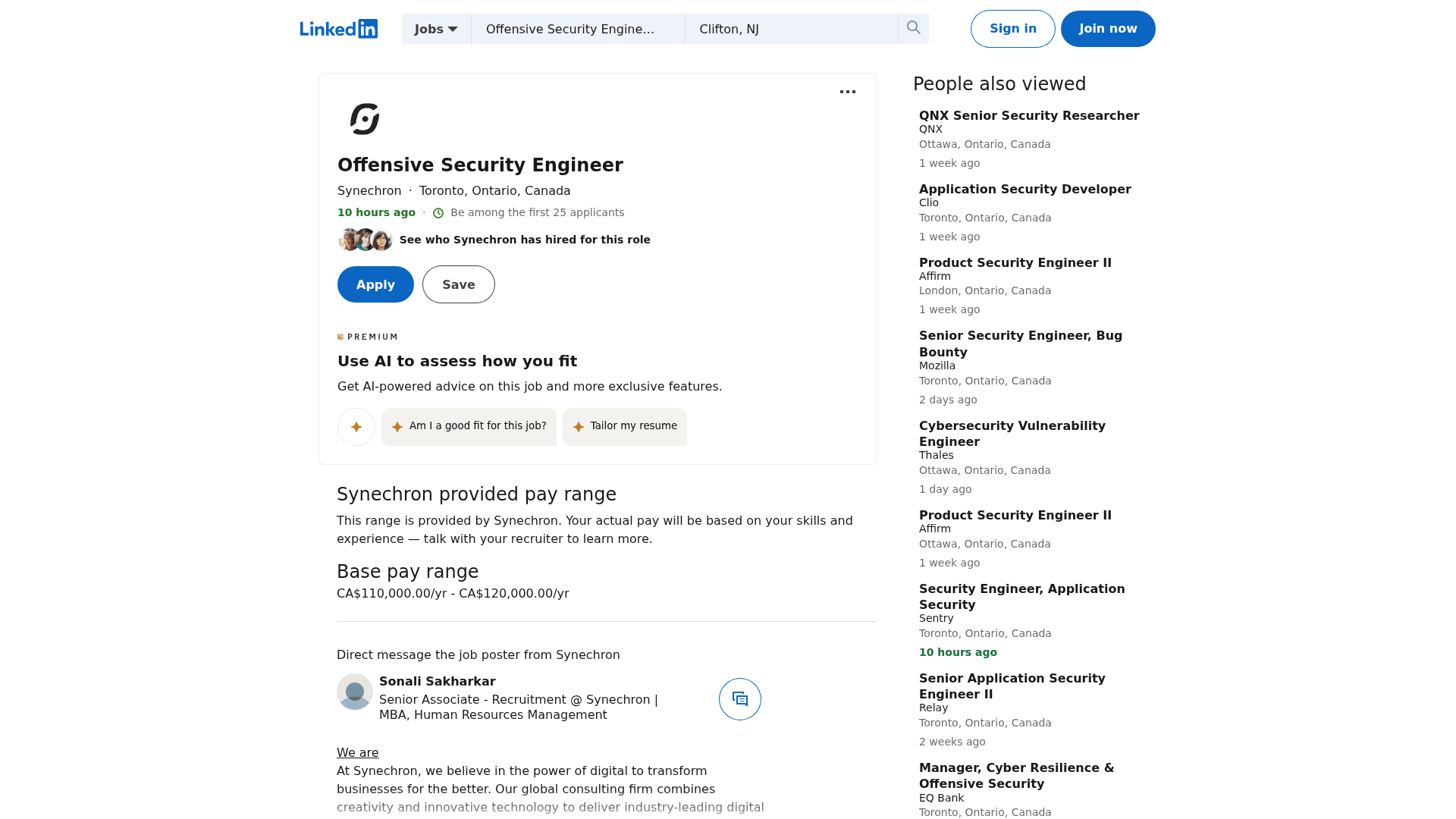 Screenshot of the Synechron Principal Consultant - Cybersecurity & Agentic AI job posting, captured 2026-08-27