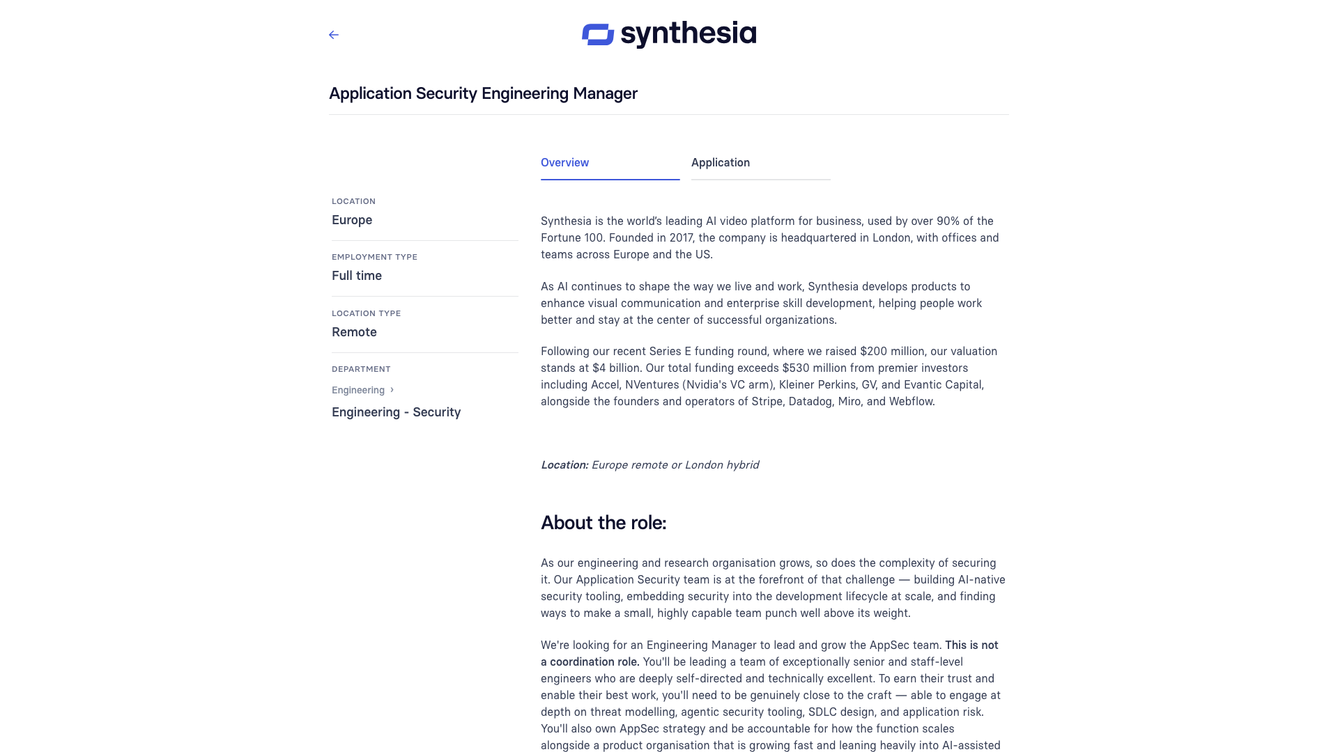 Screenshot of the Synthesia Application Security Engineering Manager job posting, captured 2026-09-05