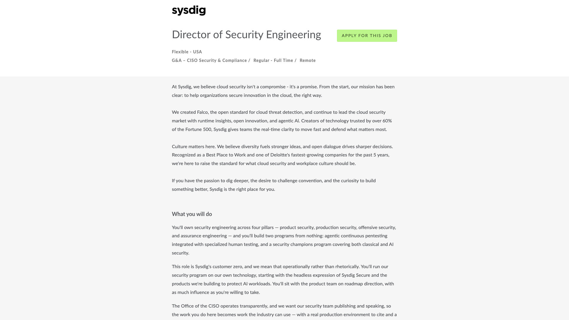 Screenshot of the Sysdig Director of Security Engineering job posting, captured 2026-10-26