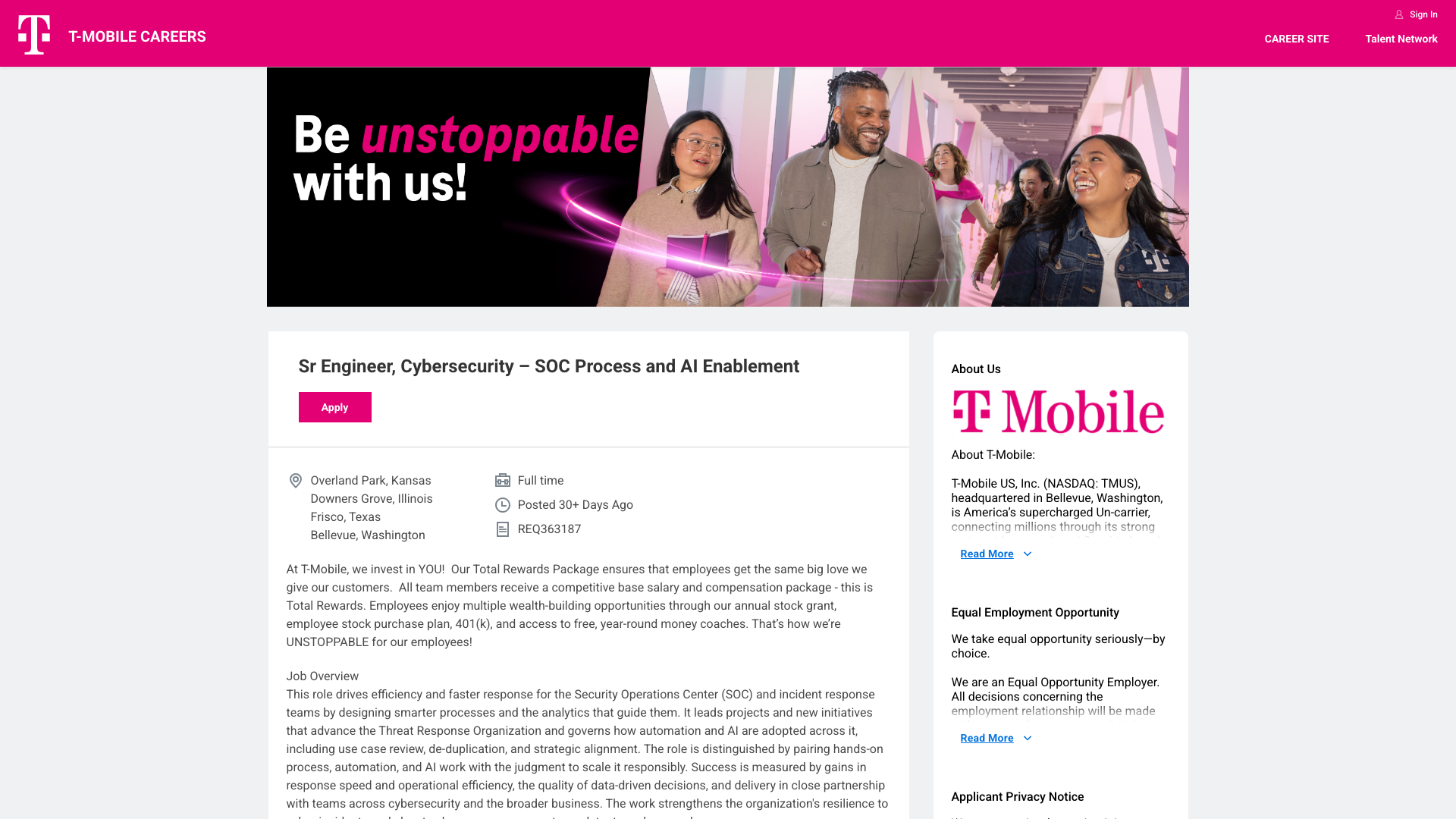 Screenshot of the T-Mobile Sr Engineer, Cybersecurity – SOC Process and AI Enablement job posting, captured 2026-10-22
