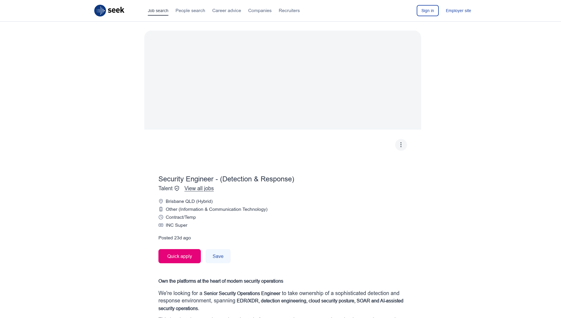 Screenshot of the Talent (enterprise client, Brisbane) Security Engineer - (Detection & Response) job posting, captured 2026-09-05