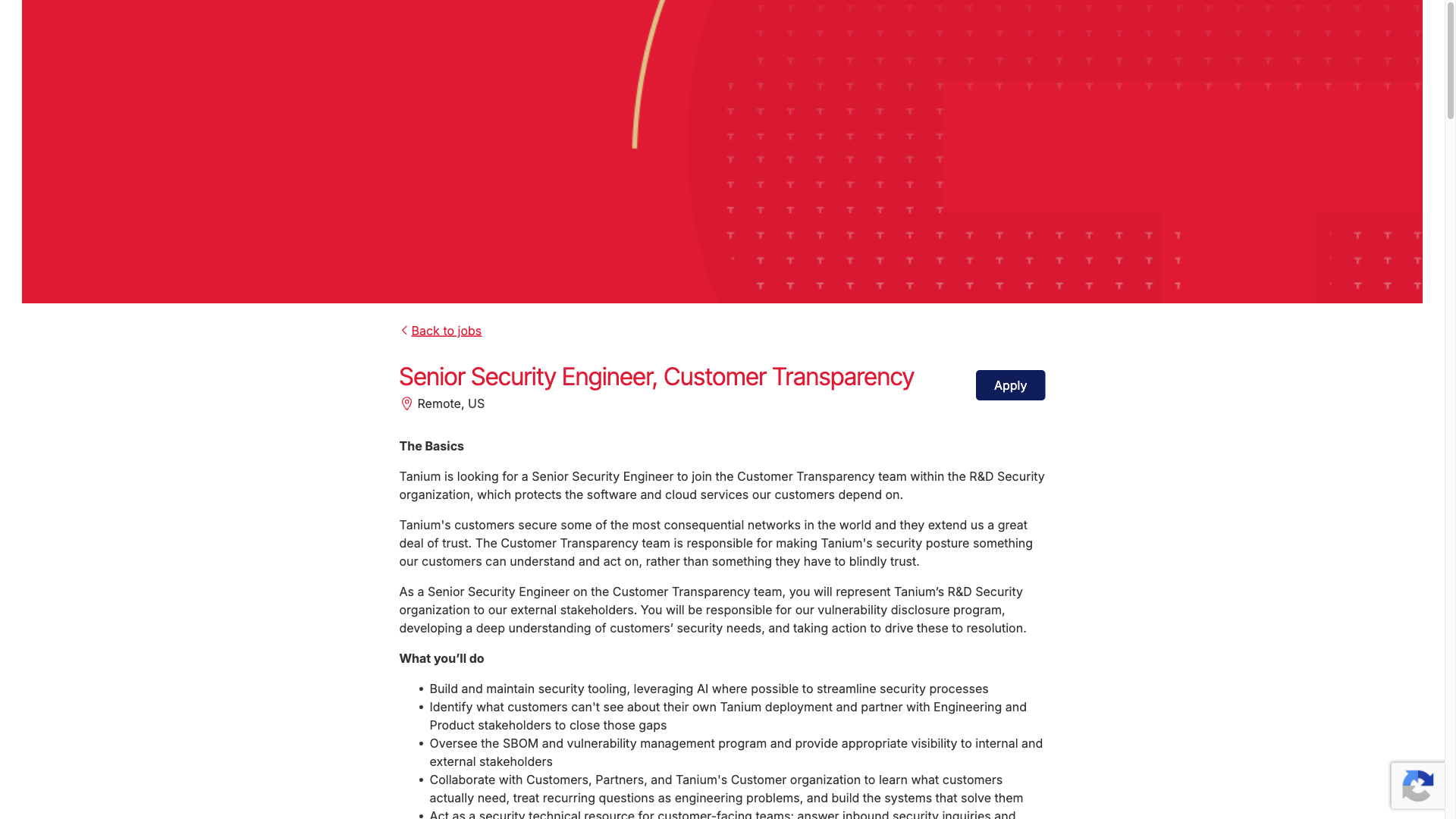 Screenshot of the Tanium Senior Security Engineer, Customer Transparency job posting, captured 2026-10-08