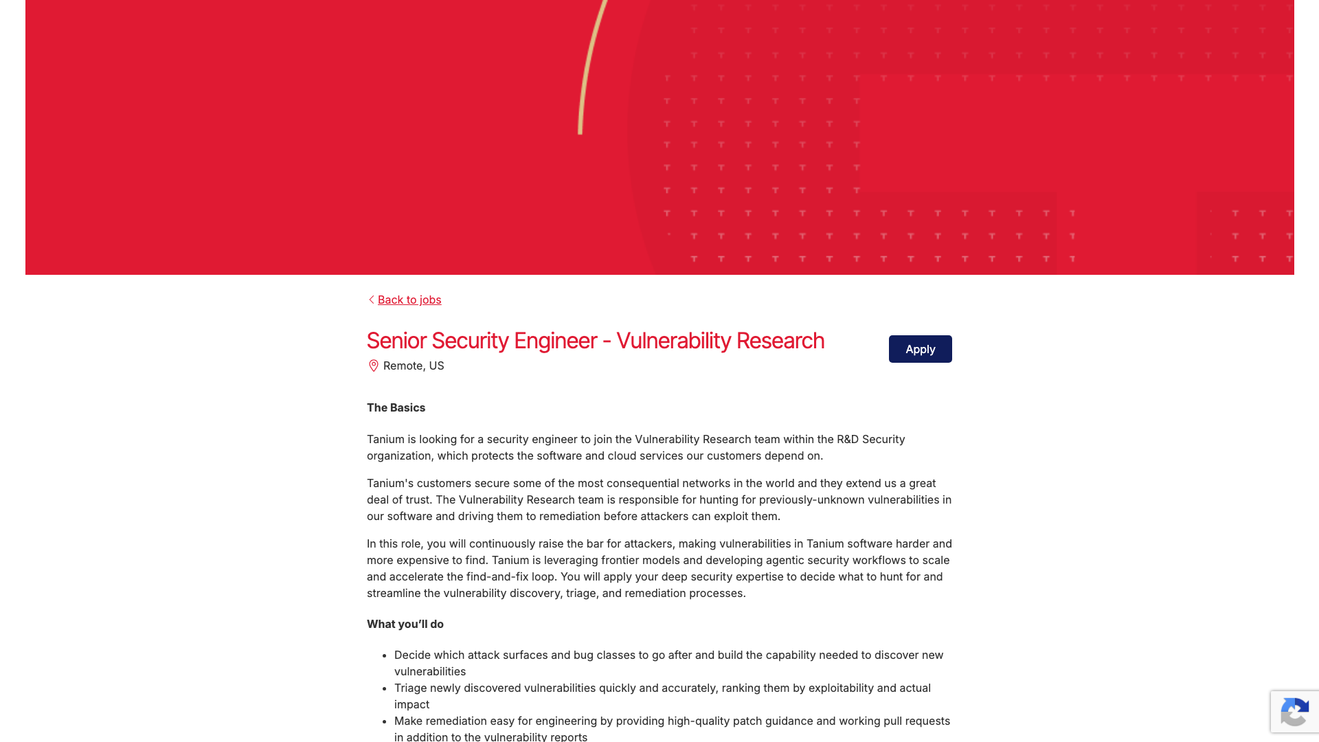 Screenshot of the Tanium Senior Security Engineer - Vulnerability Research job posting, captured 2026-10-22