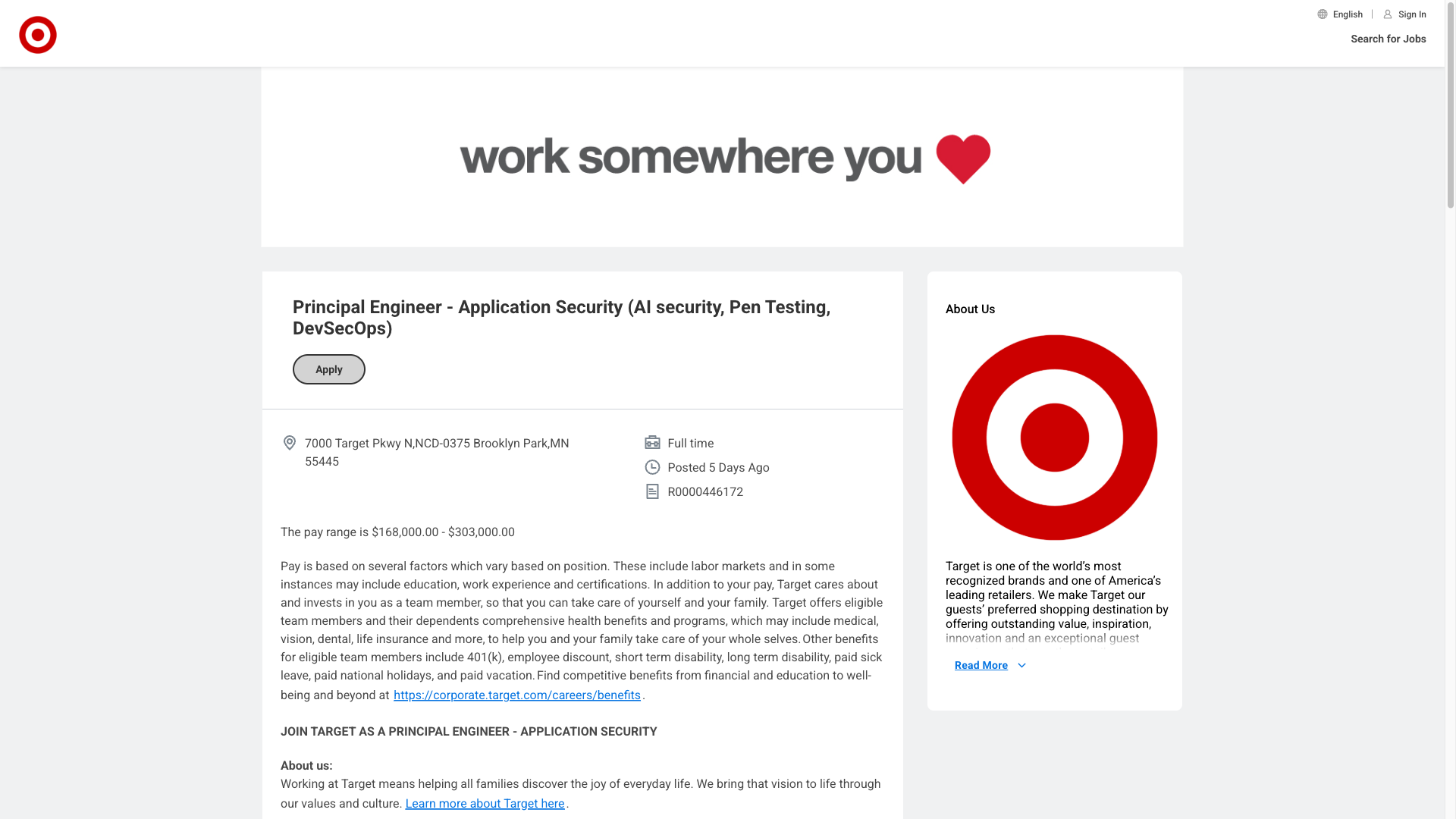 Screenshot of the Target Principal Engineer - Application Security (AI security, Pen Testing, DevSecOps) job posting, captured 2026-10-01