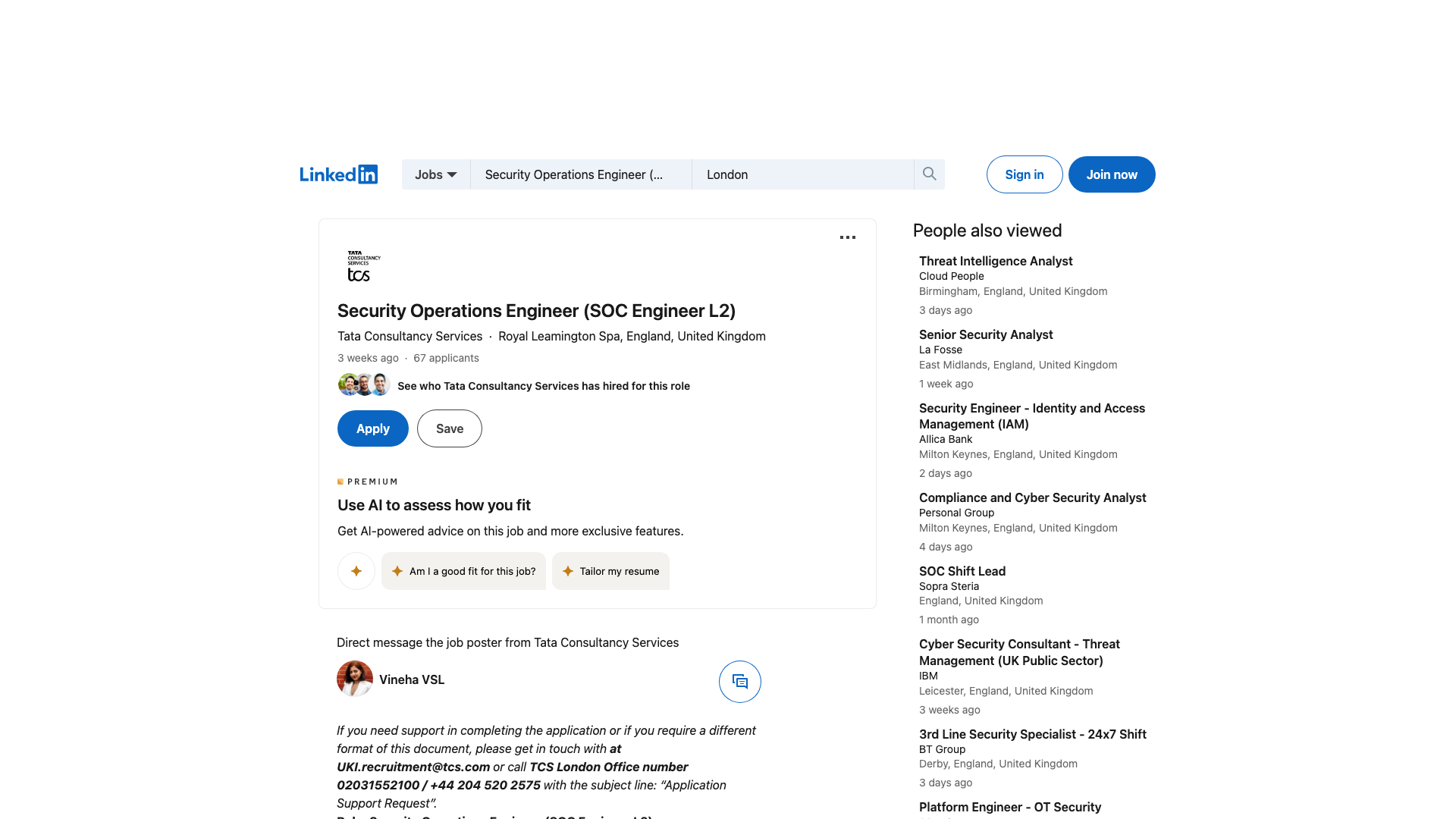 Screenshot of the Tata Consultancy Services Security Operations Engineer (SOC Engineer L2) job posting, captured 2026-09-05