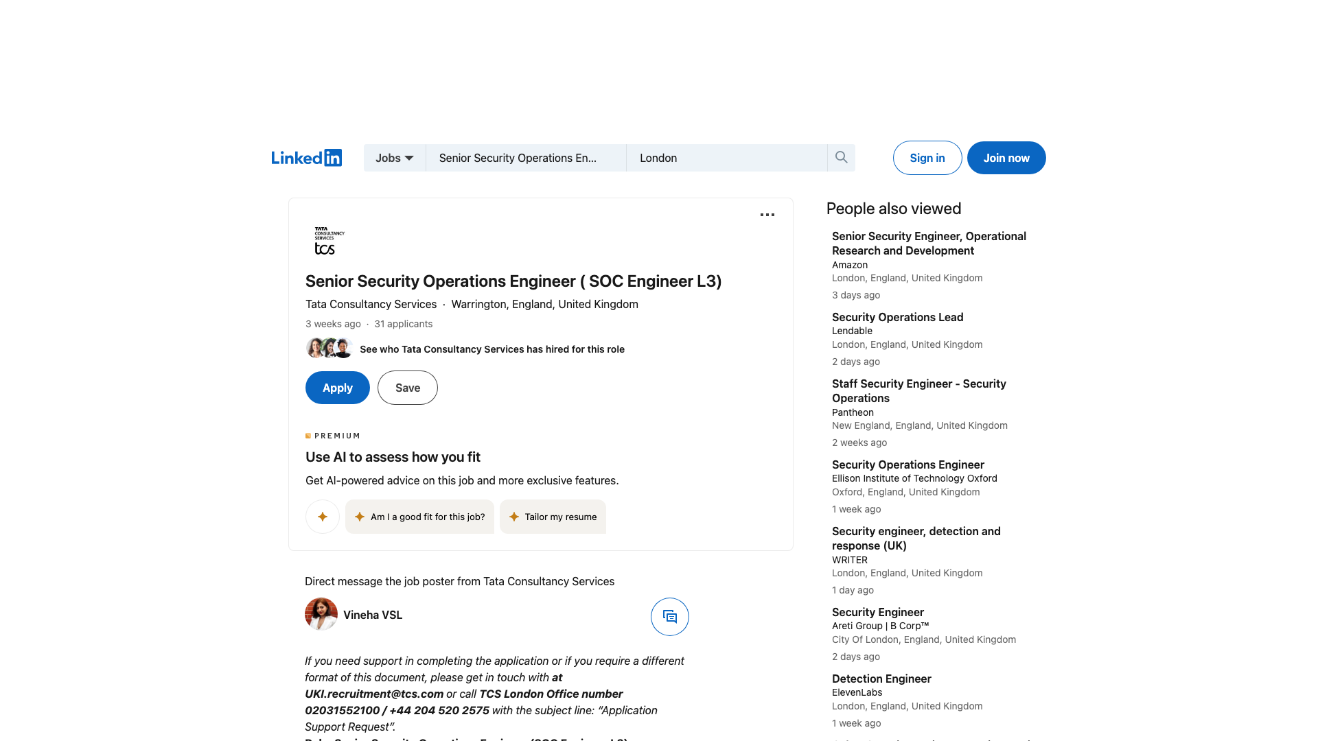 Screenshot of the Tata Consultancy Services Senior Security Operations Engineer (SOC Engineer L3) job posting, captured 2026-09-05