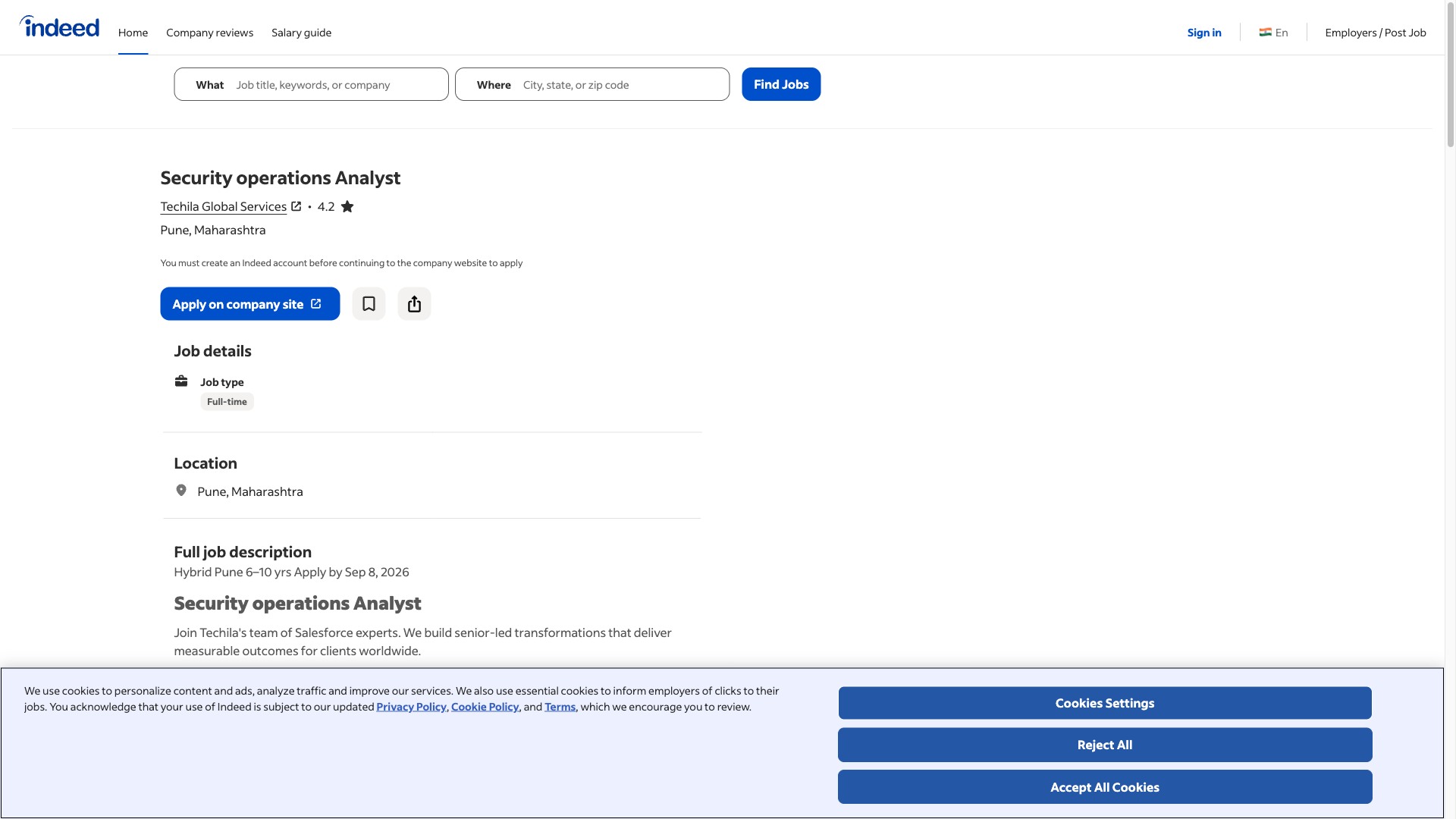 Screenshot of the Techila Global Services Senior Security Operations Analyst - AI Security & Threat Operations job posting, captured 2026-09-05