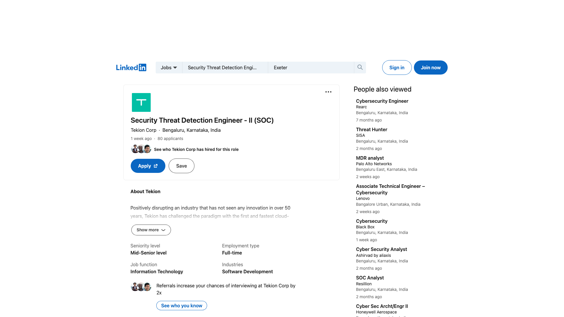 Screenshot of the Tekion Security Threat Detection Engineer - II (SOC) job posting, captured 2026-09-05