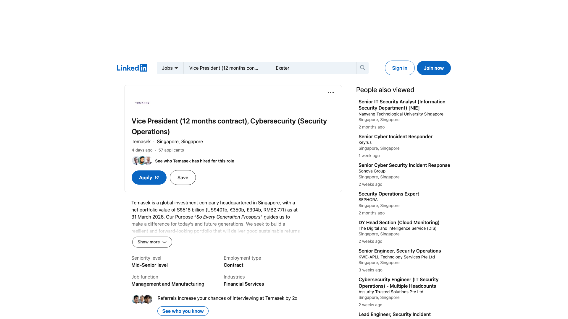 Screenshot of the Temasek Vice President (12 months contract), Cybersecurity (Security Operations) job posting, captured 2026-09-05