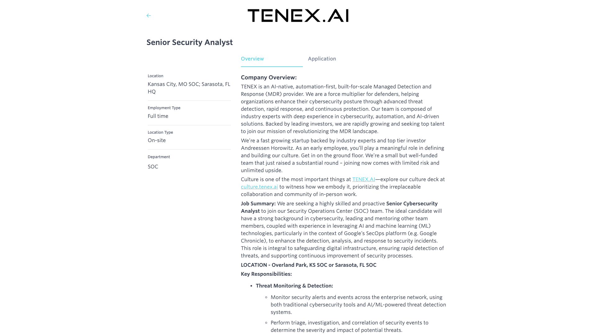 Screenshot of the TENEX Senior Security Analyst job posting, captured 2026-10-22