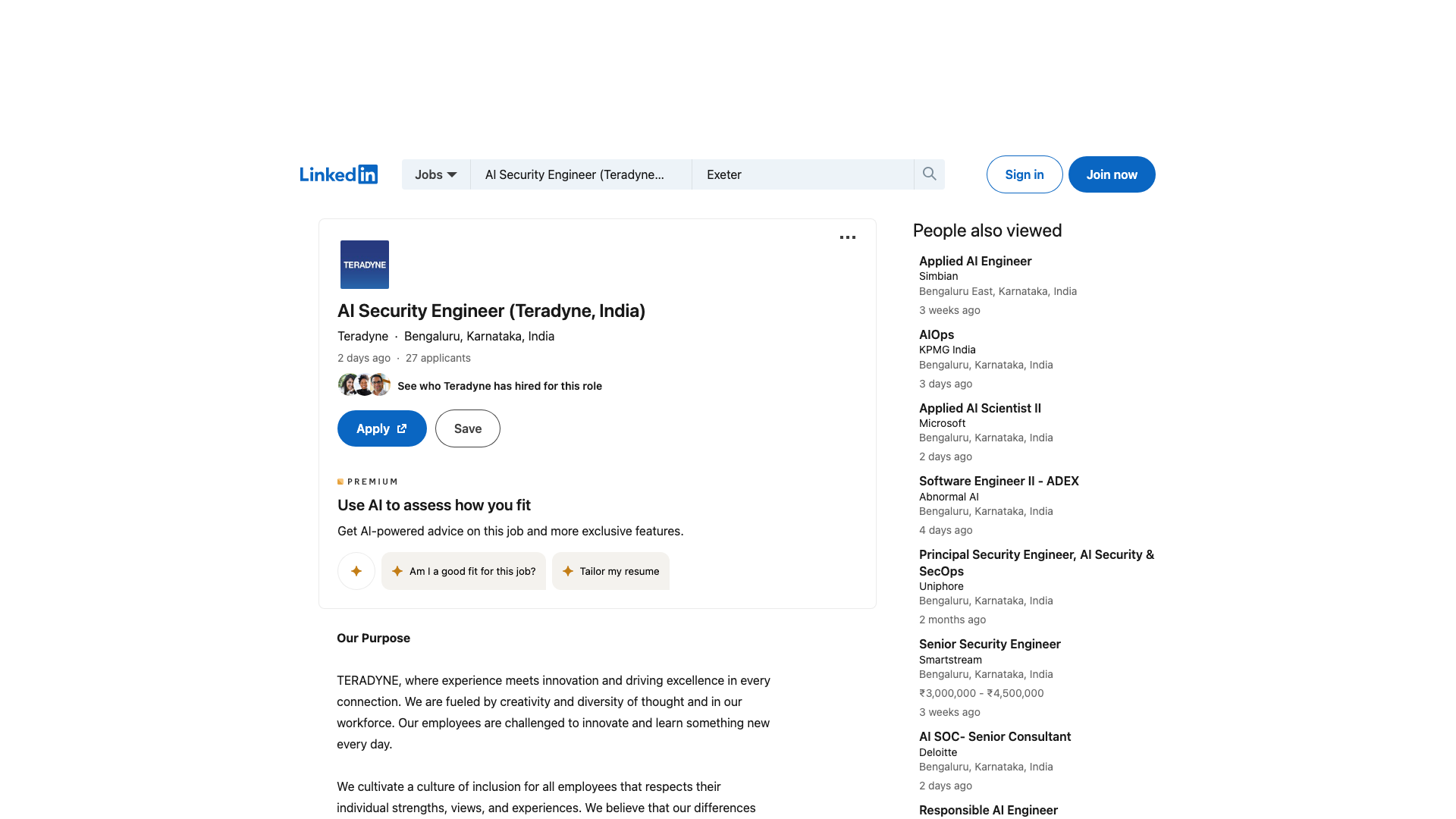 Screenshot of the Teradyne AI Security Engineer job posting, captured 2026-09-05
