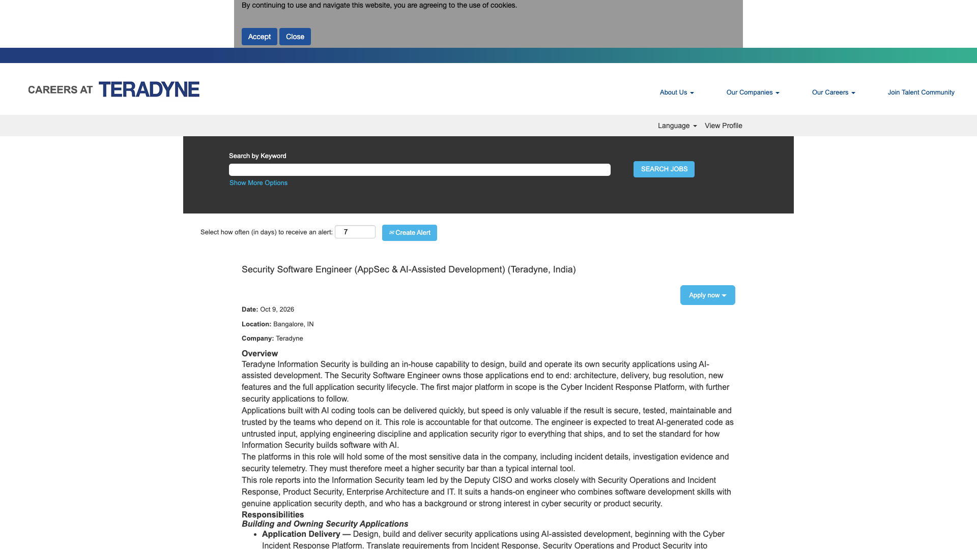 Screenshot of the Teradyne Security Software Engineer (AppSec & AI-Assisted Development) (Teradyne, India) job posting, captured 2026-10-22