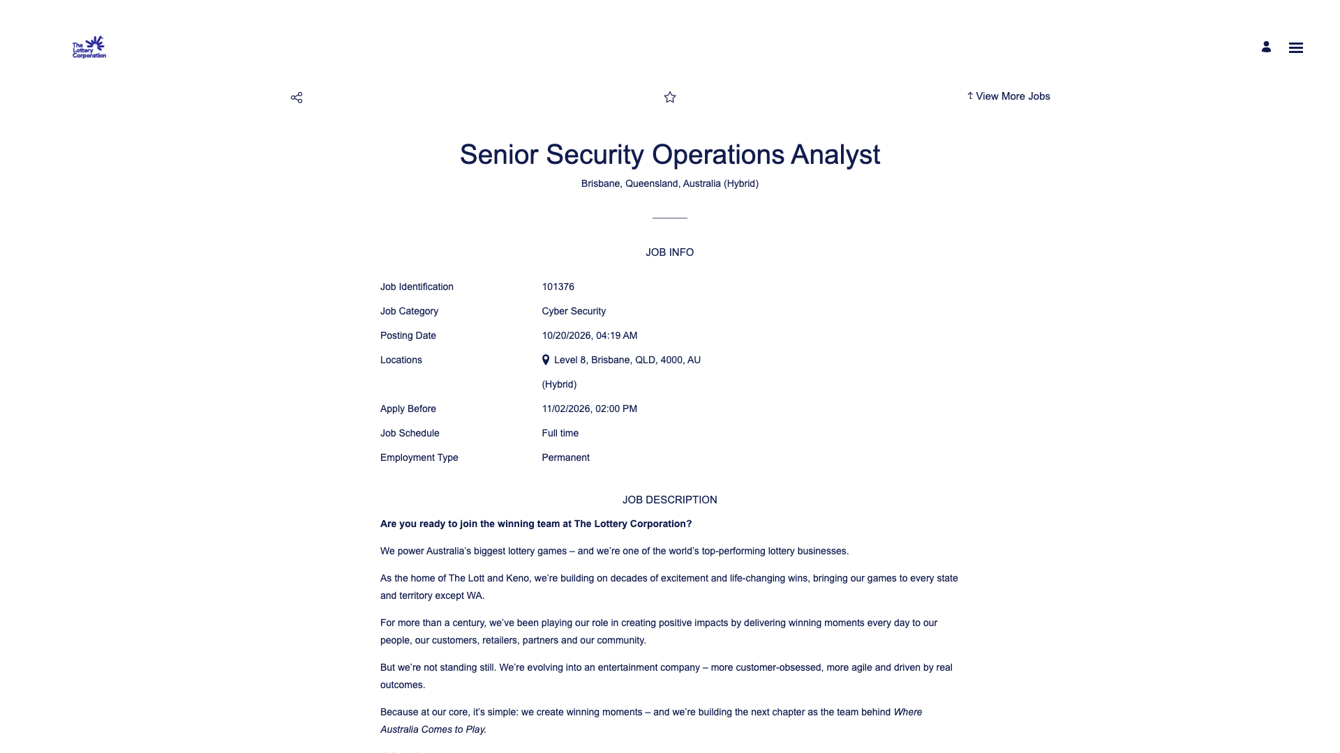 Screenshot of the The Lottery Corporation Senior Security Operations Analyst job posting, captured 2026-10-22
