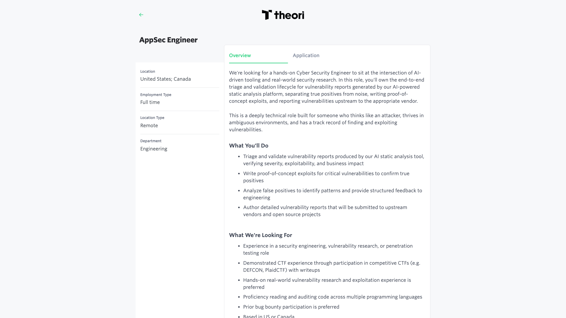 Screenshot of the Theori AppSec Engineer job posting, captured 2026-09-05