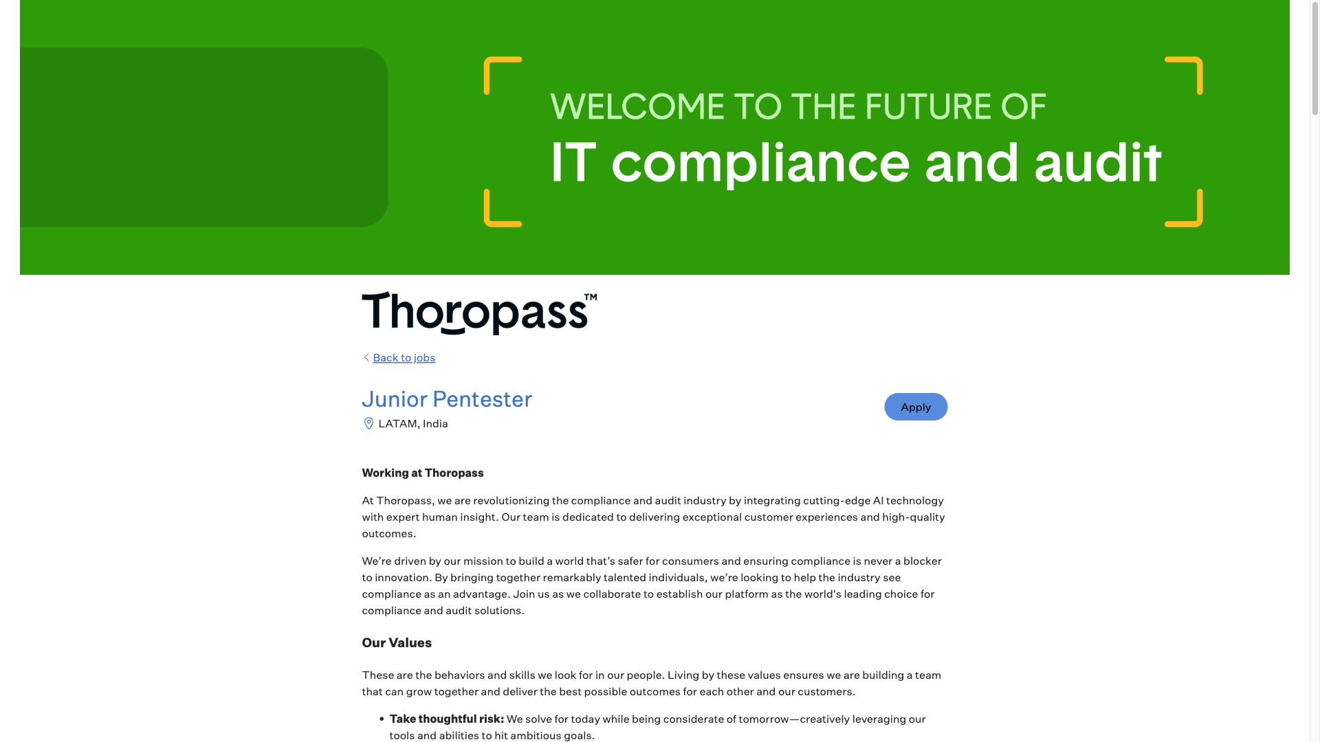 Screenshot of the Thoropass Junior Pentester job posting, captured 2026-10-08
